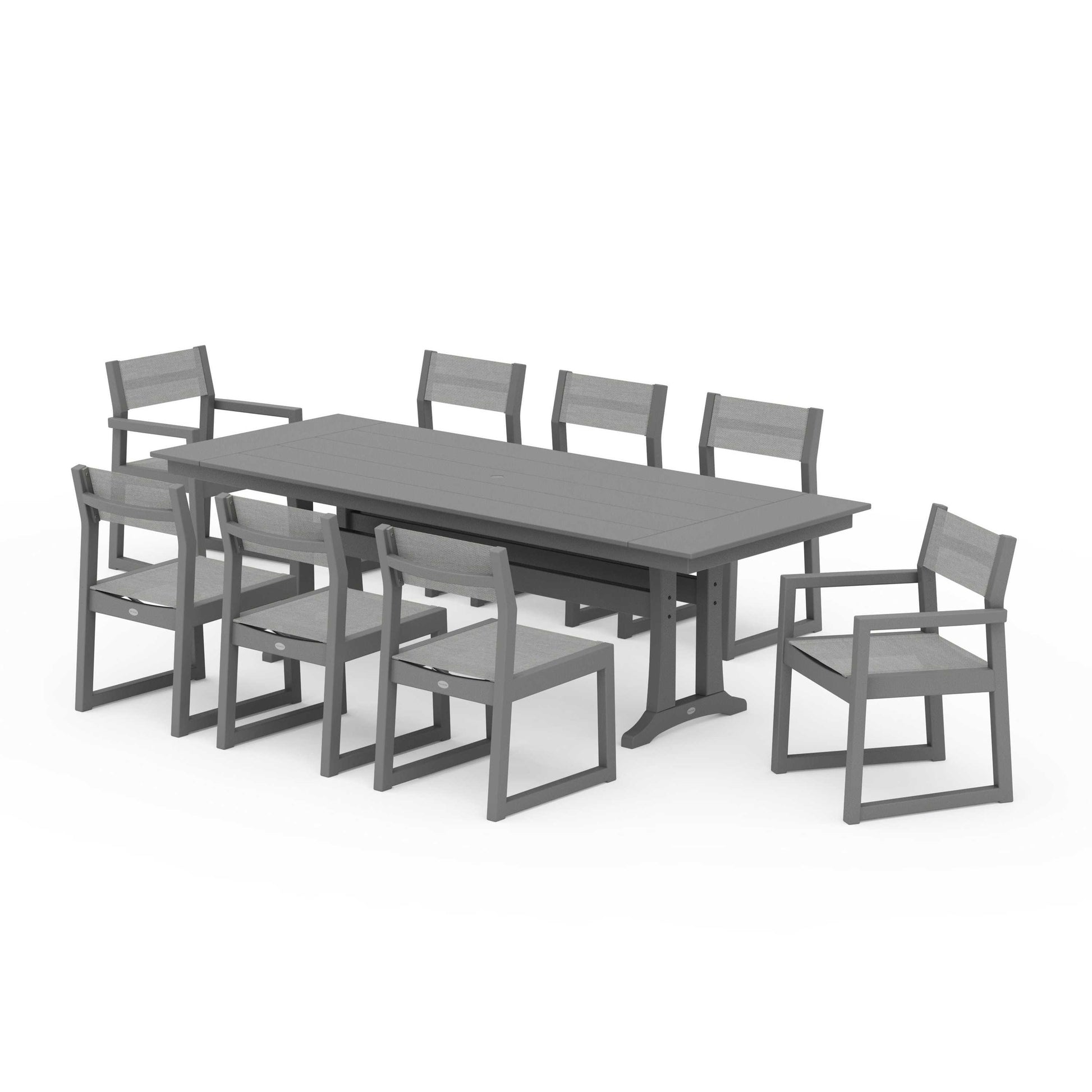 POLYWOOD EDGE Sling 9-Piece Farmhouse Trestle Dining Set — Slate Grey / Metallic Sling