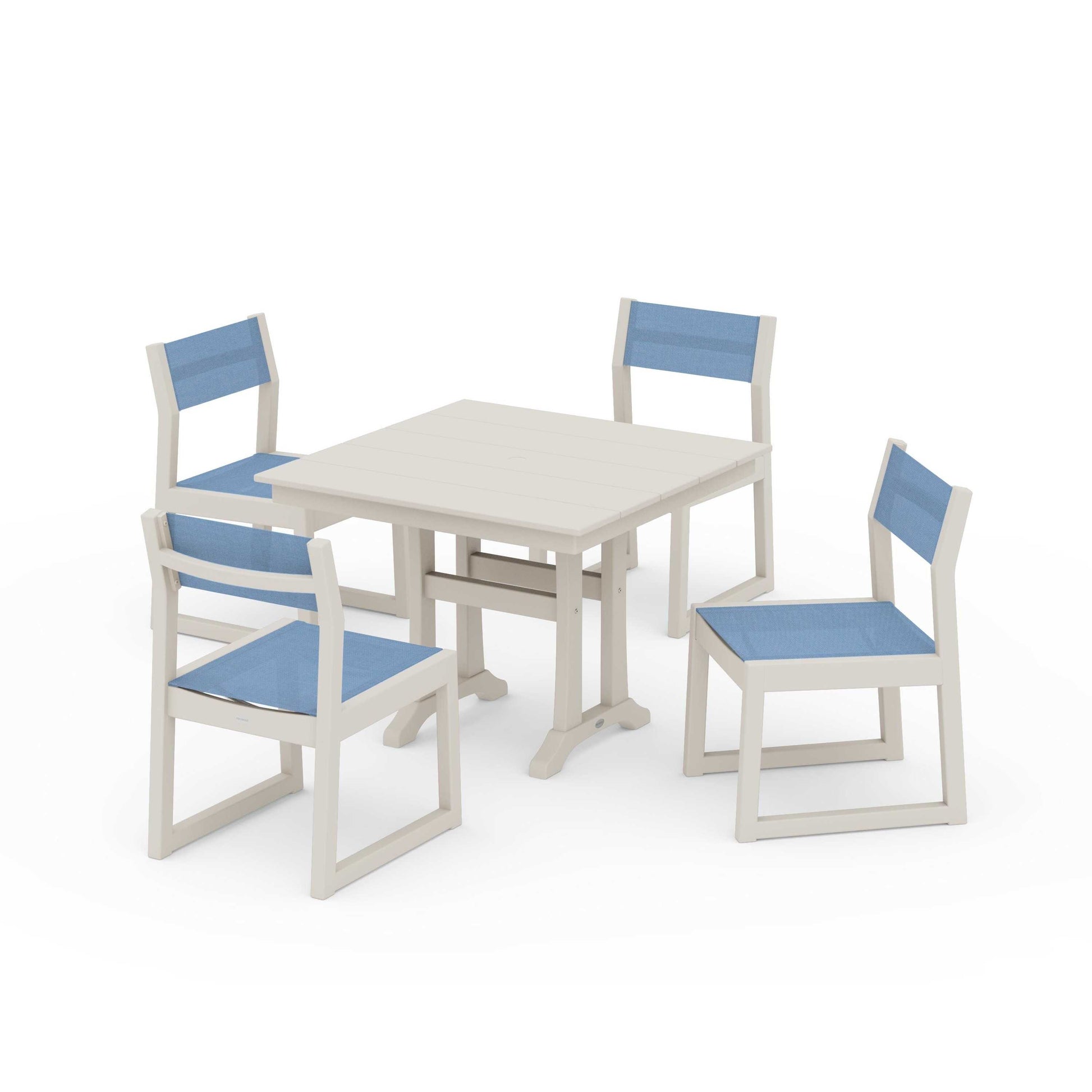 POLYWOOD EDGE Sling 5-Piece Farmhouse Trestle Side Chair Dining Set — Sand / Poolside Sling