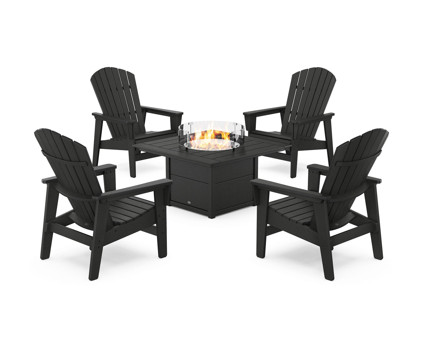 POLYWOOD 5-Piece Nautical Grand Upright Adirondack Conversation Set with Fire Pit Table — Black