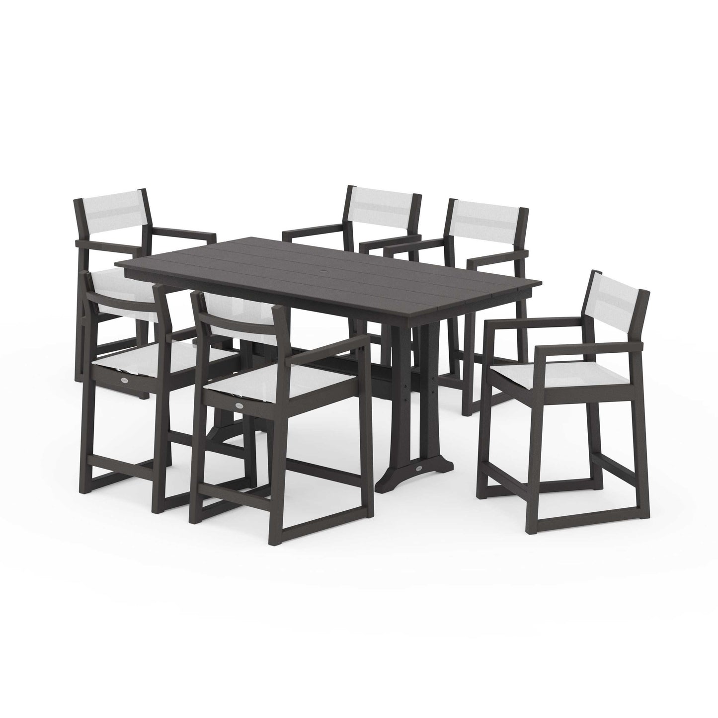 POLYWOOD EDGE Sling Arm Chair 7-Piece Farmhouse Counter Set with Trestle Legs — Vintage Coffee / White Sling