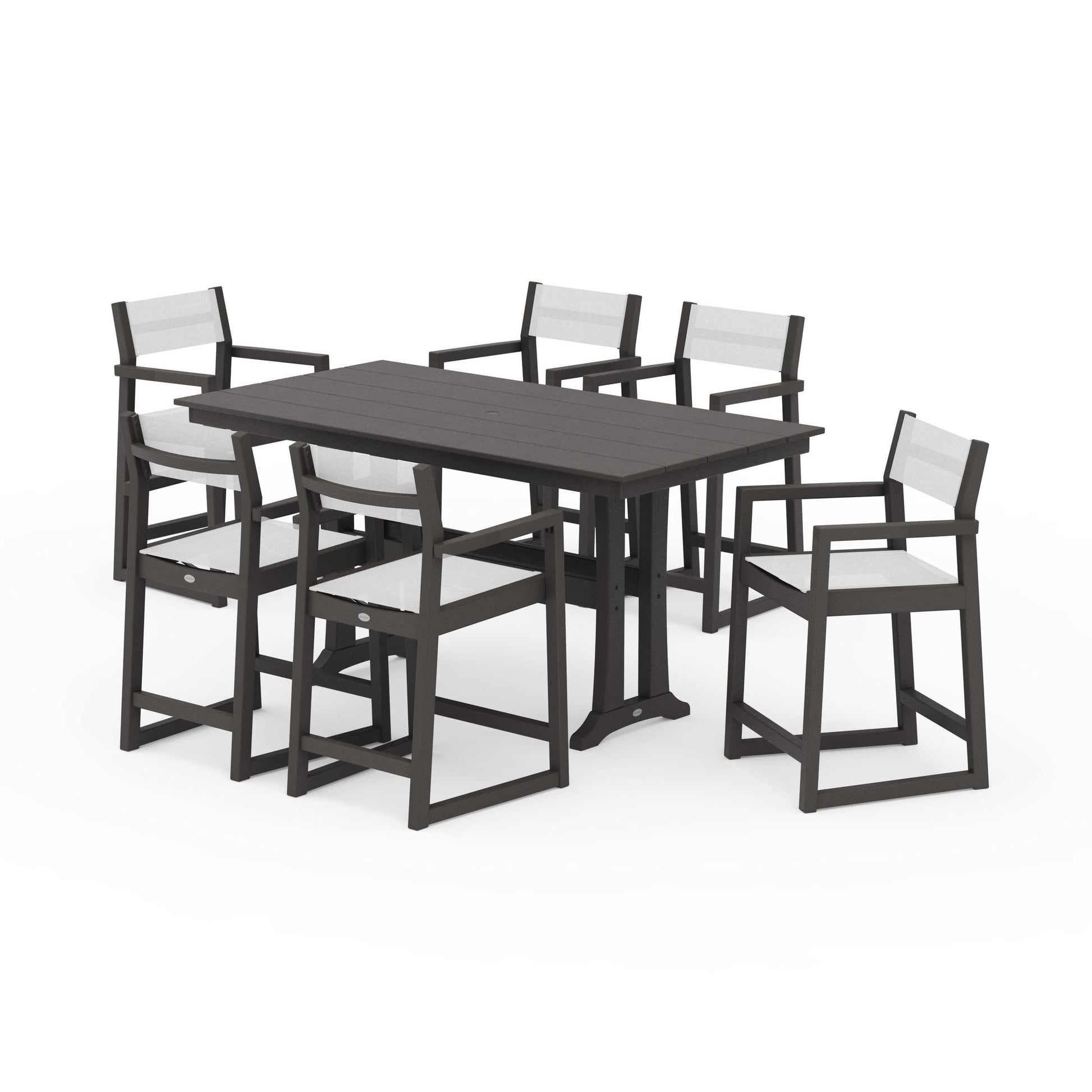 POLYWOOD EDGE Sling Arm Chair 7-Piece Farmhouse Counter Set with Trestle Legs — Vintage Coffee / White Sling