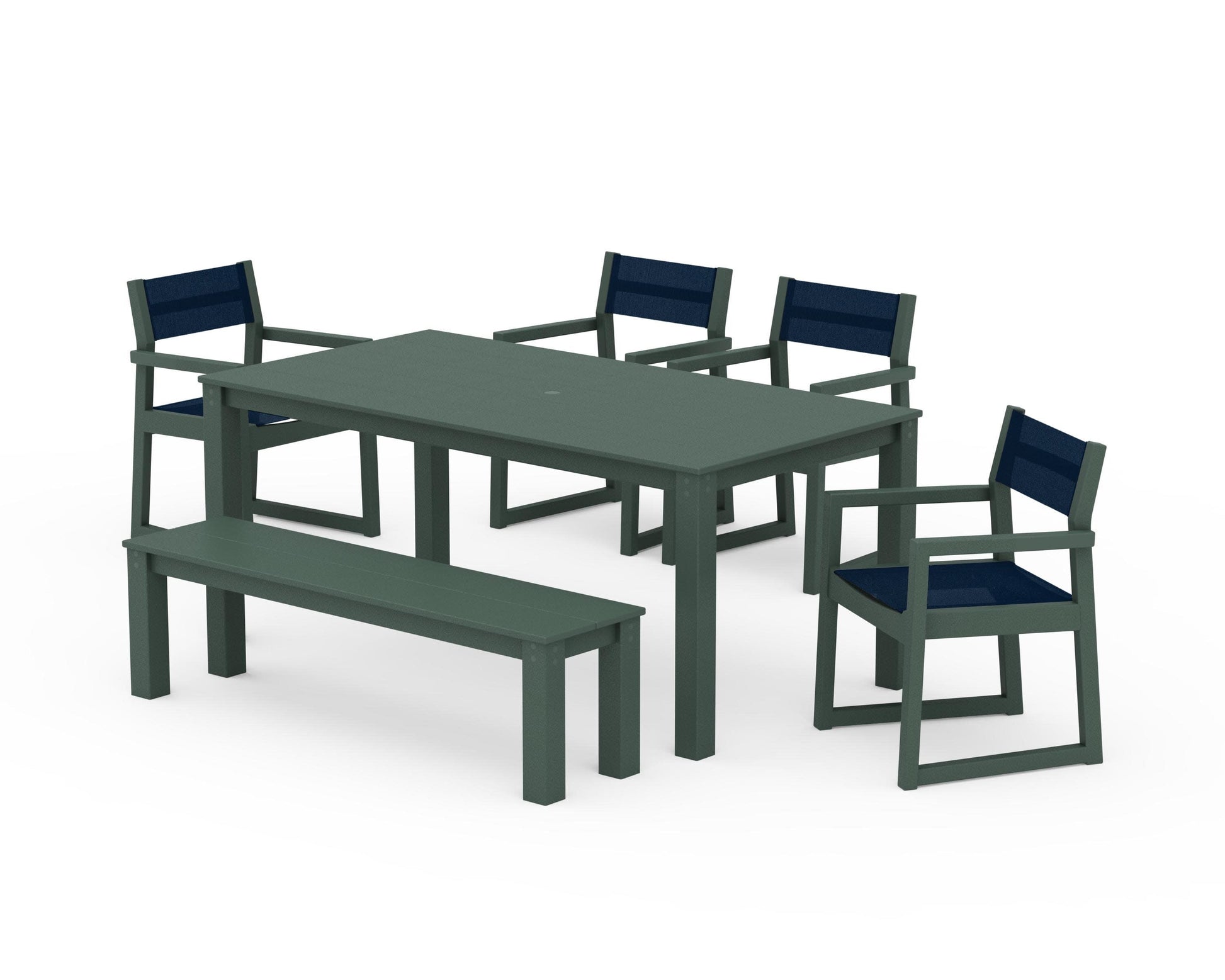 POLYWOOD EDGE Sling Arm Chair 6-Piece Parsons Dining Set with Bench — Green / Navy Blue Sling