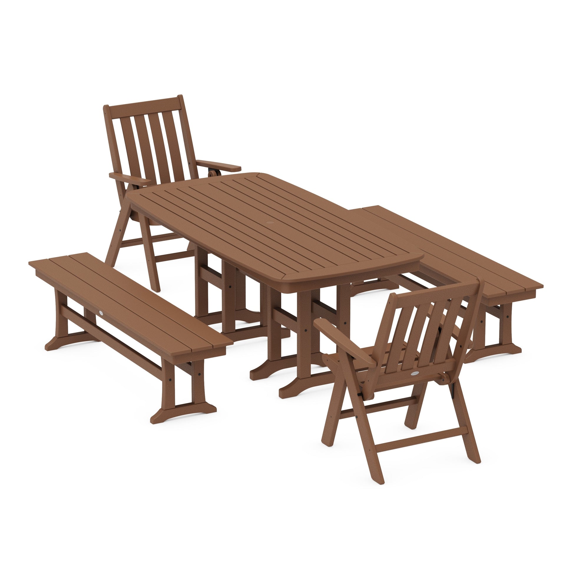 POLYWOOD Vineyard Folding Chair 6-Piece Dining Set with Benches — Teak