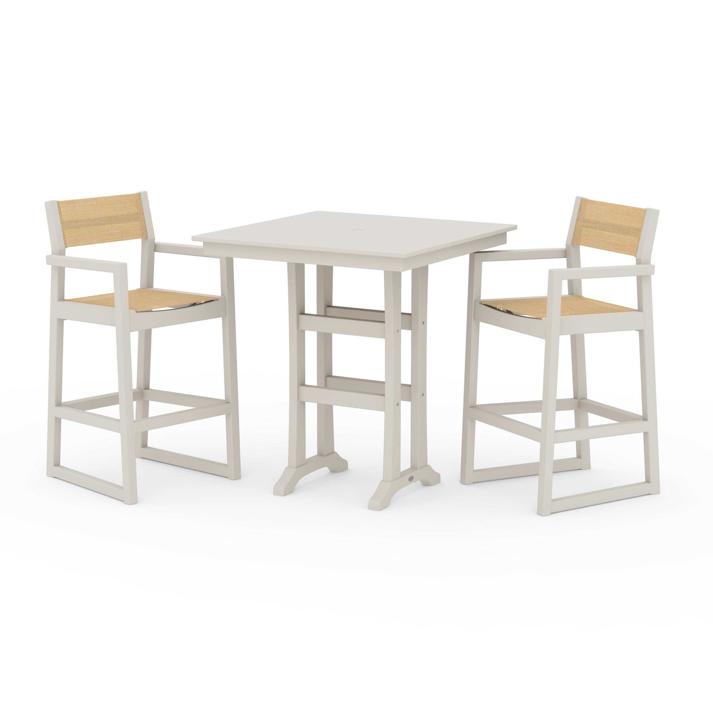 POLYWOOD EDGE Sling Arm Chair 3-Piece Farmhouse Bar Set with Trestle Legs — Sand / Dupioni Apricot Sling
