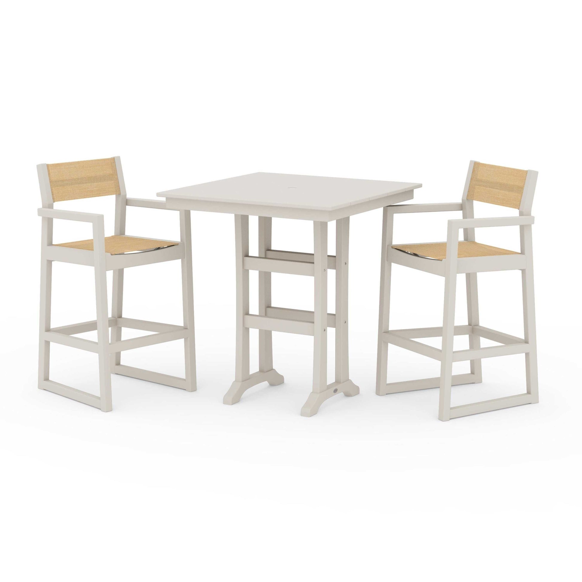 POLYWOOD EDGE Sling Arm Chair 3-Piece Farmhouse Bar Set with Trestle Legs — Sand / Dupioni Apricot Sling