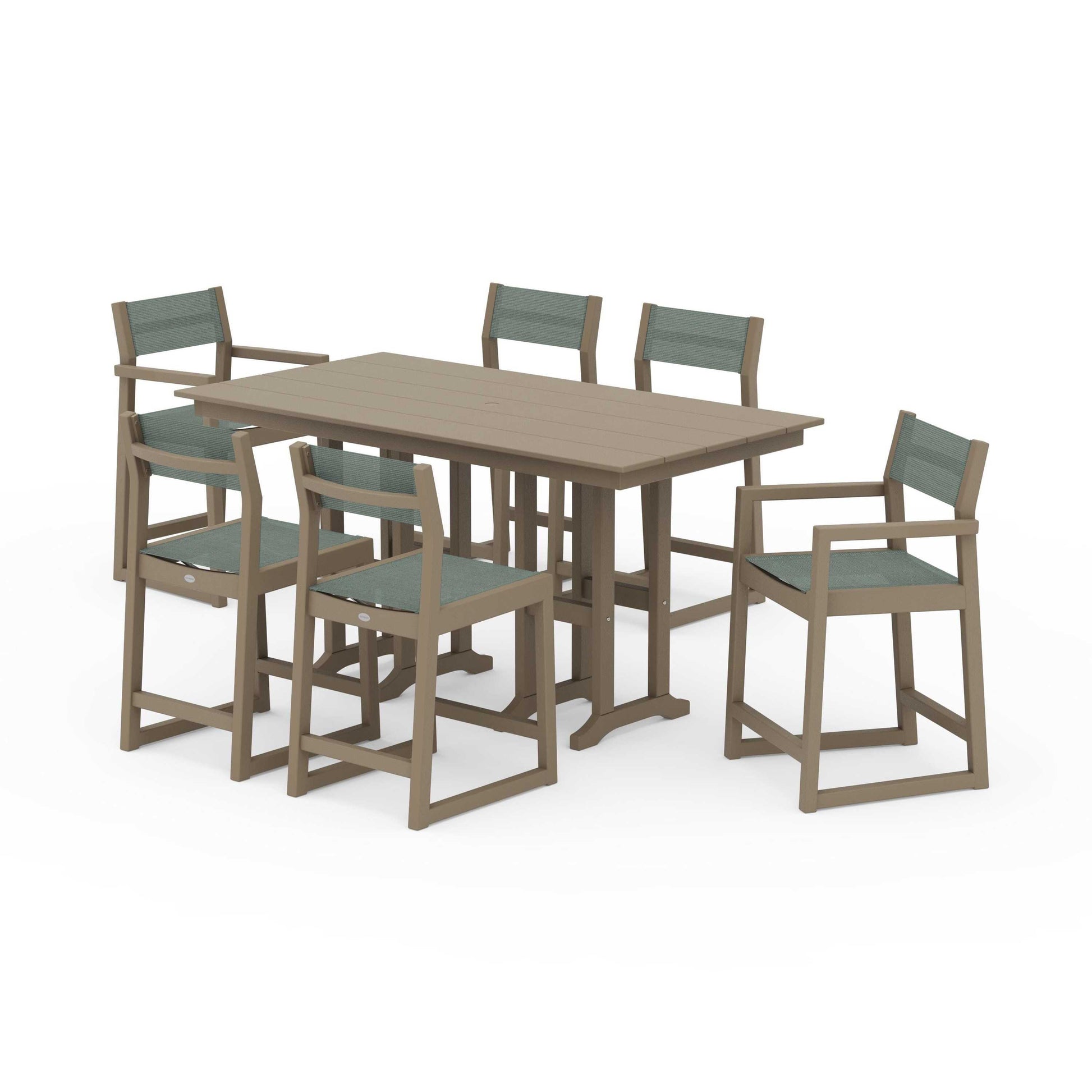 POLYWOOD EDGE Sling 7-Piece Farmhouse Counter Set with Trestle Legs — Vintage Sahara / Dupioni Sea Mist Sling