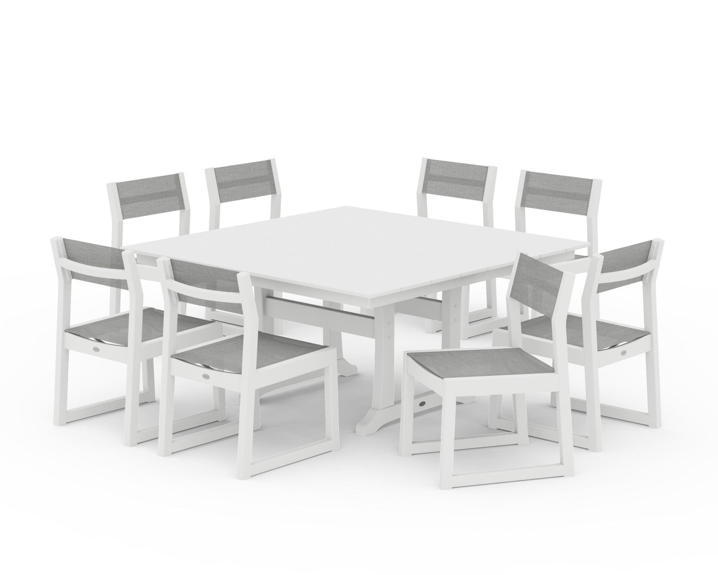 POLYWOOD EDGE Sling Side Chair 9-Piece Farmhouse Trestle Dining Set — White / Metallic Sling