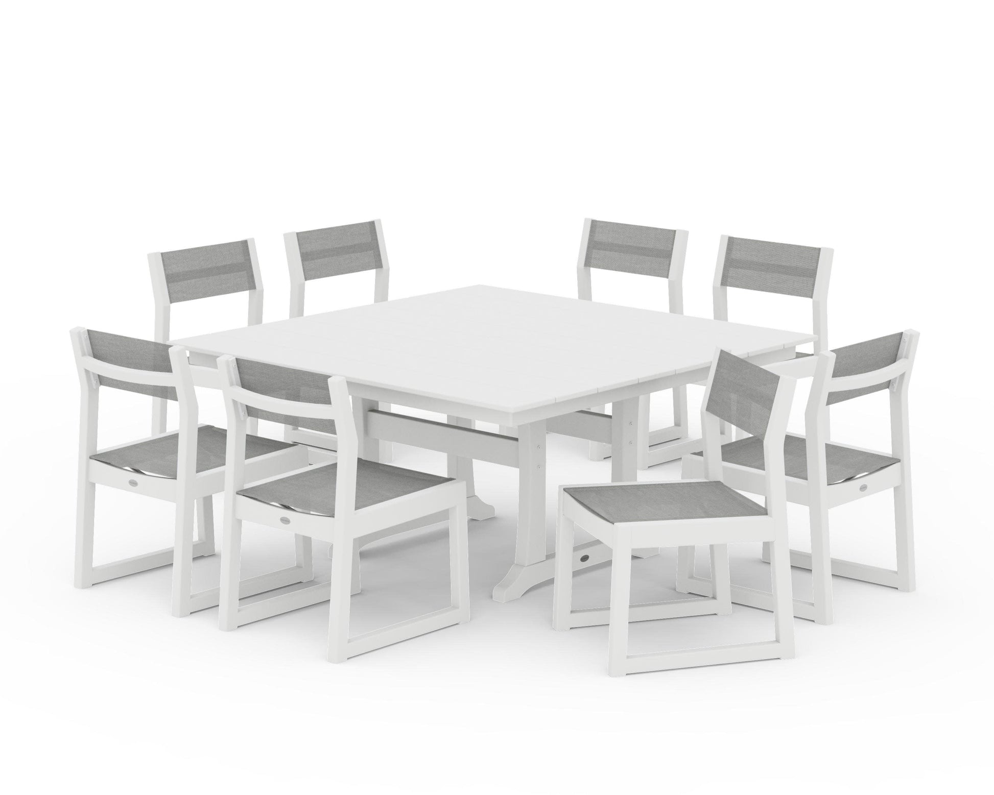 POLYWOOD EDGE Sling Side Chair 9-Piece Farmhouse Trestle Dining Set — White / Metallic Sling