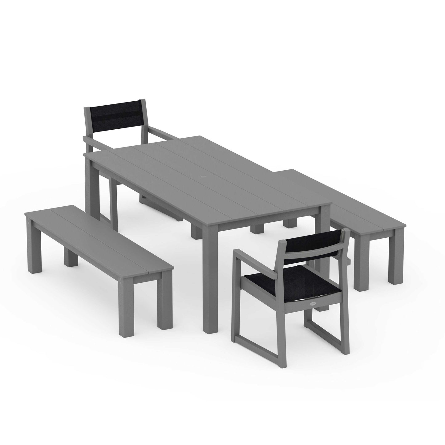 POLYWOOD EDGE Sling Arm Chair 5-Piece Parsons Dining Set with Benches — Slate Grey / Black Sling