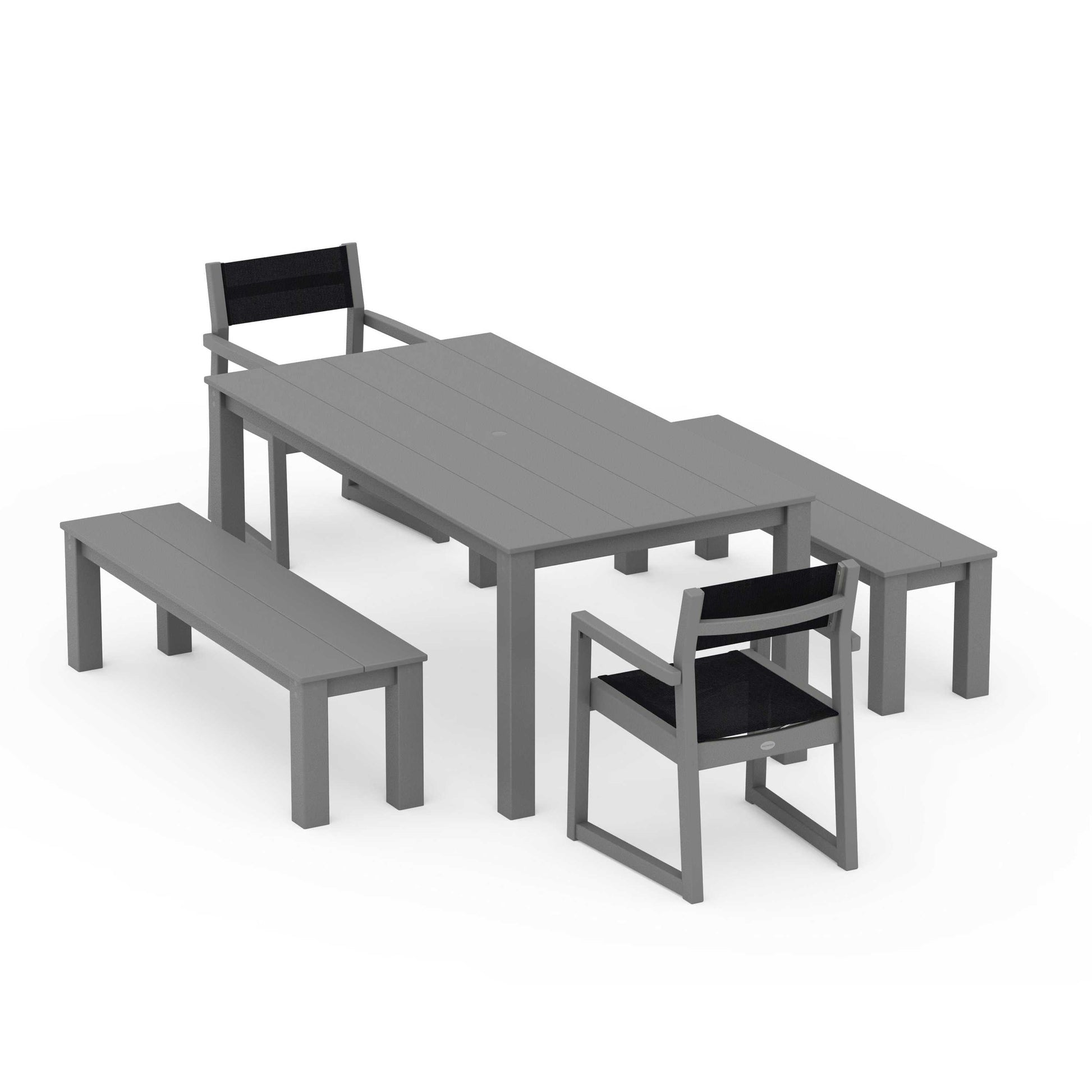 POLYWOOD EDGE Sling Arm Chair 5-Piece Parsons Dining Set with Benches — Slate Grey / Black Sling