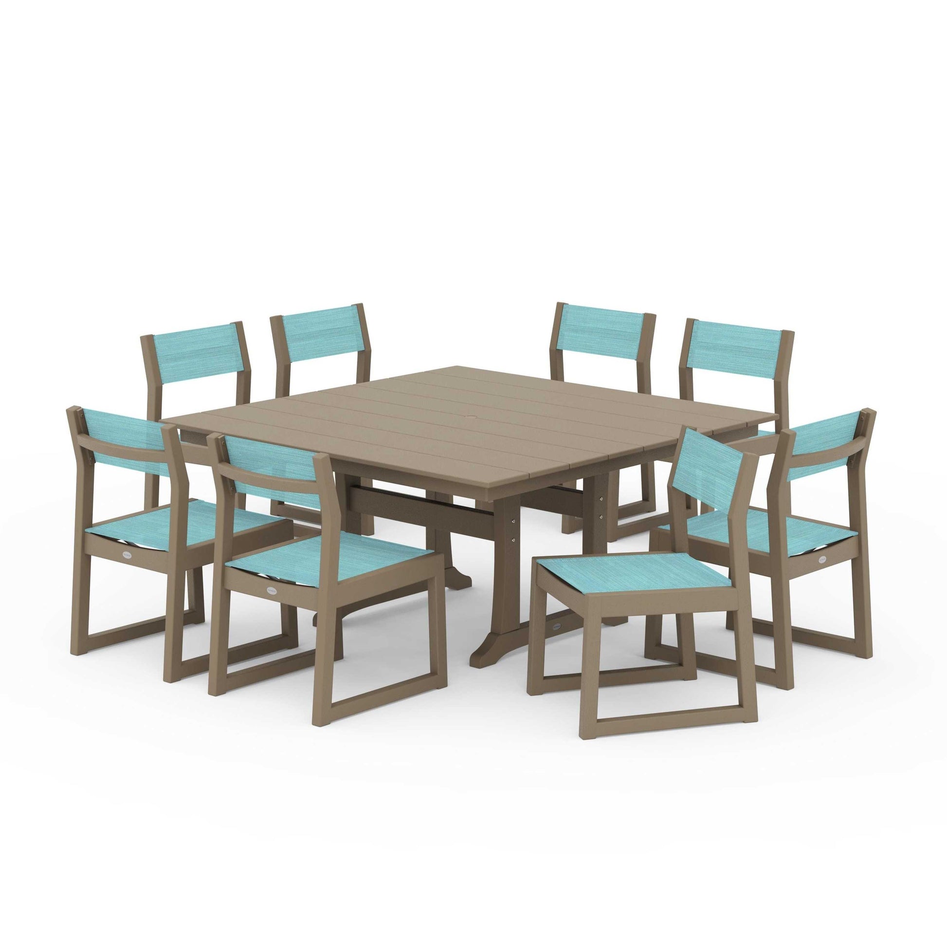 POLYWOOD EDGE Sling Side Chair 9-Piece Farmhouse Trestle Dining Set — Vintage Sahara / Dupioni Aquamarine Sling