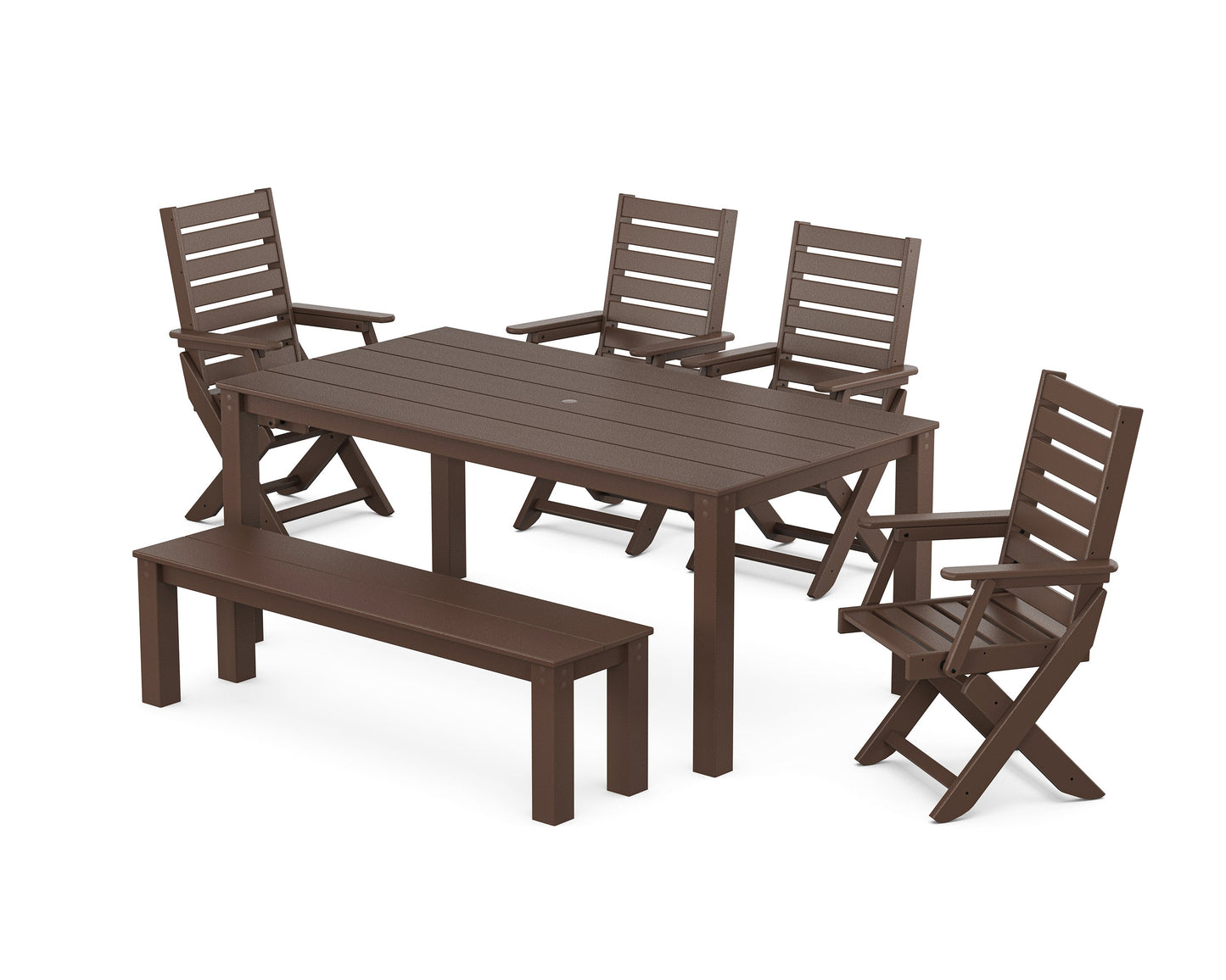 POLYWOOD Captain Folding Chair 6-Piece Parsons Dining Set with Bench — Mahogany