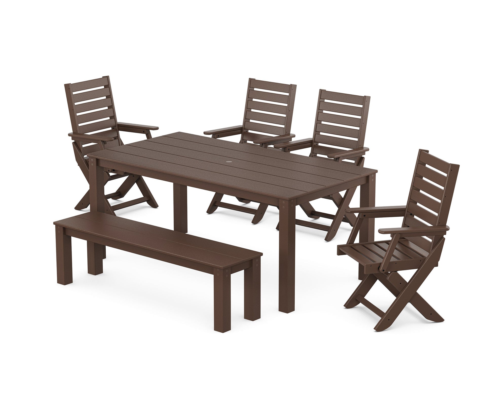 POLYWOOD Captain Folding Chair 6-Piece Parsons Dining Set with Bench — Mahogany