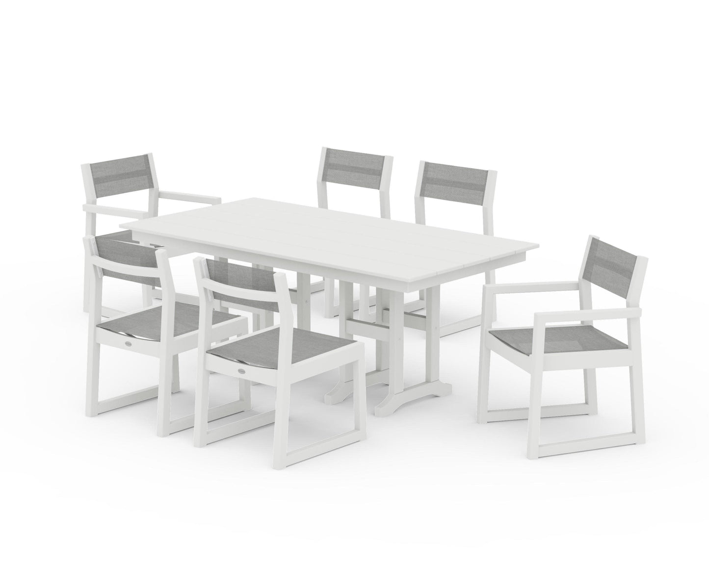 POLYWOOD EDGE Sling 7-Piece Farmhouse Dining Set — Vintage White / Metallic Sling