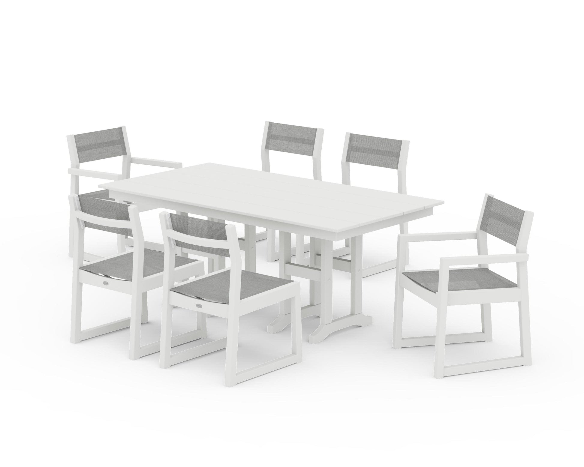 POLYWOOD EDGE Sling 7-Piece Farmhouse Dining Set — Vintage White / Metallic Sling