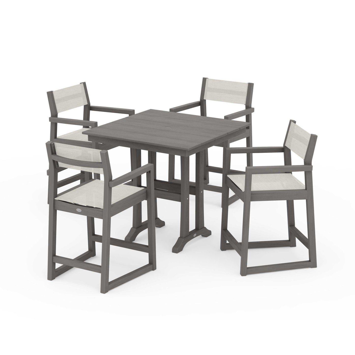 POLYWOOD EDGE Sling Arm Chair 5-Piece Farmhouse Counter Set with Trestle Legs — Driftwood / Parchment Sling