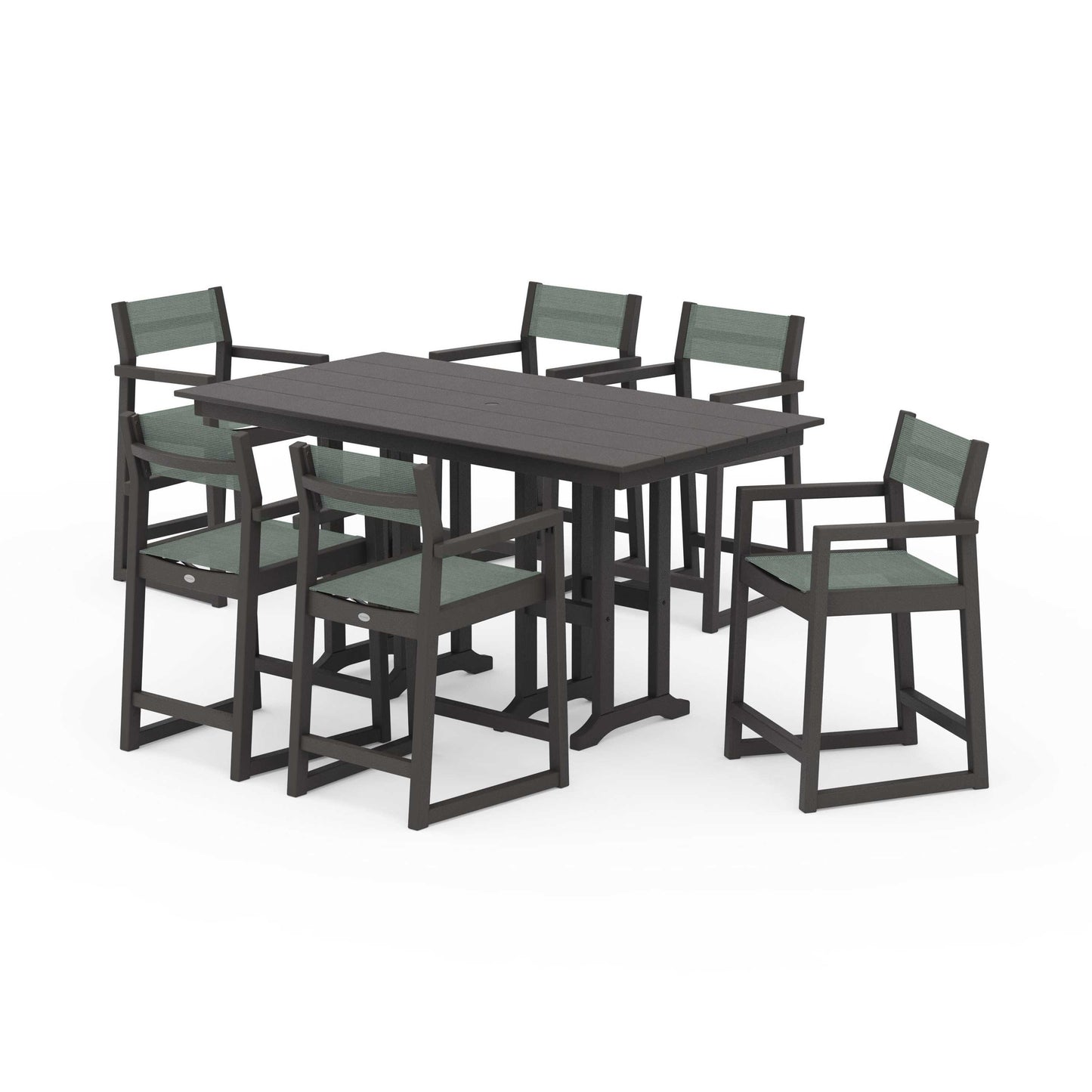POLYWOOD EDGE Sling Arm Chair 7-Piece Farmhouse Counter Set — Vintage Coffee / Dupioni Sea Mist Sling