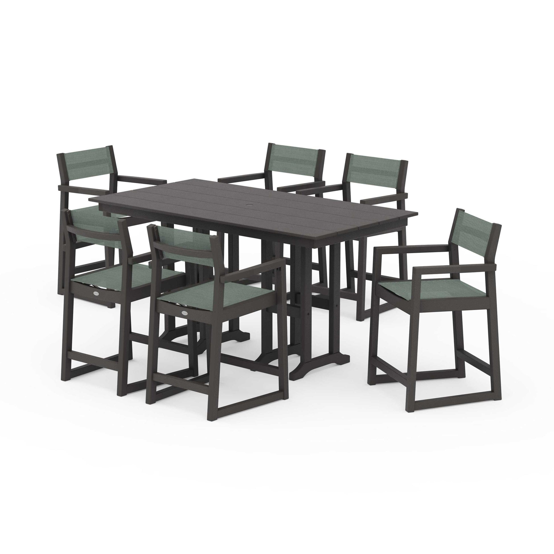 POLYWOOD EDGE Sling Arm Chair 7-Piece Farmhouse Counter Set — Vintage Coffee / Dupioni Sea Mist Sling
