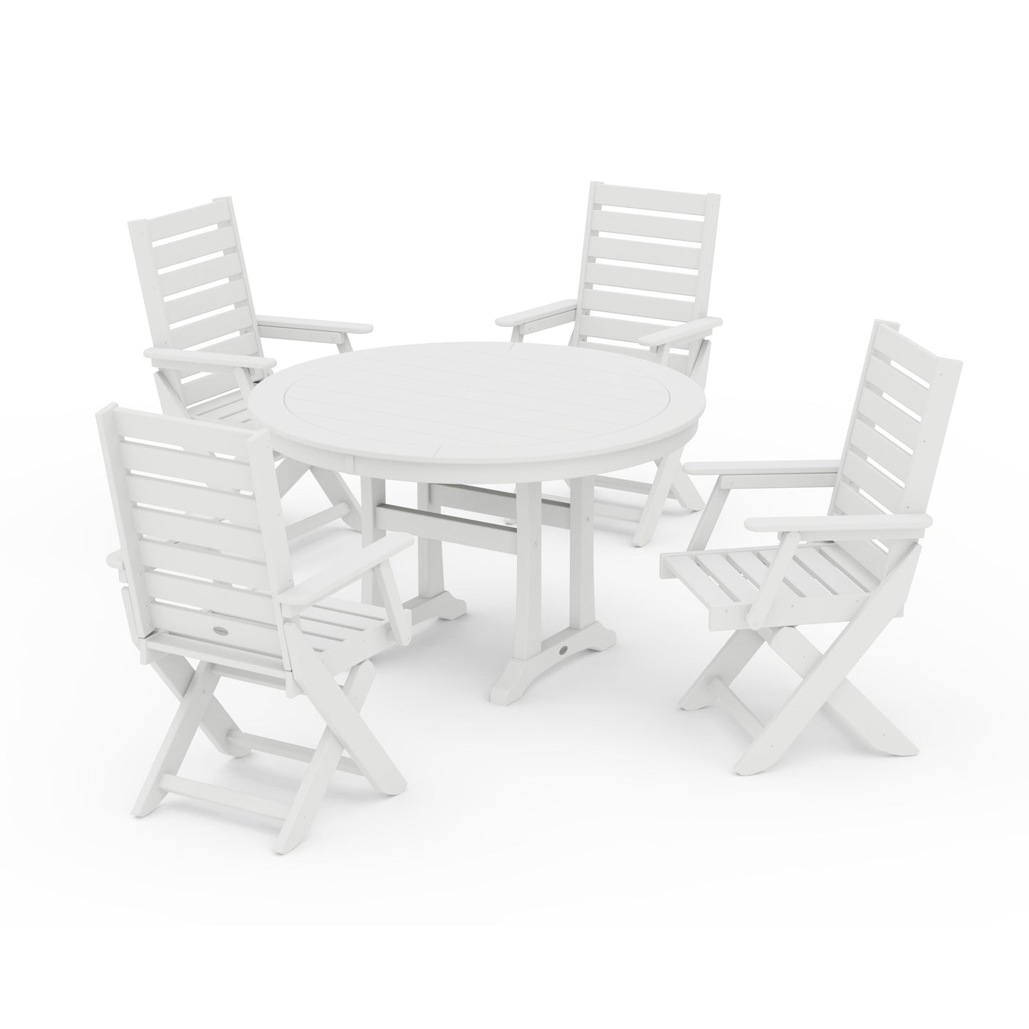 POLYWOOD Captain Folding Chair 5-Piece Round Dining Set with Trestle Legs — White