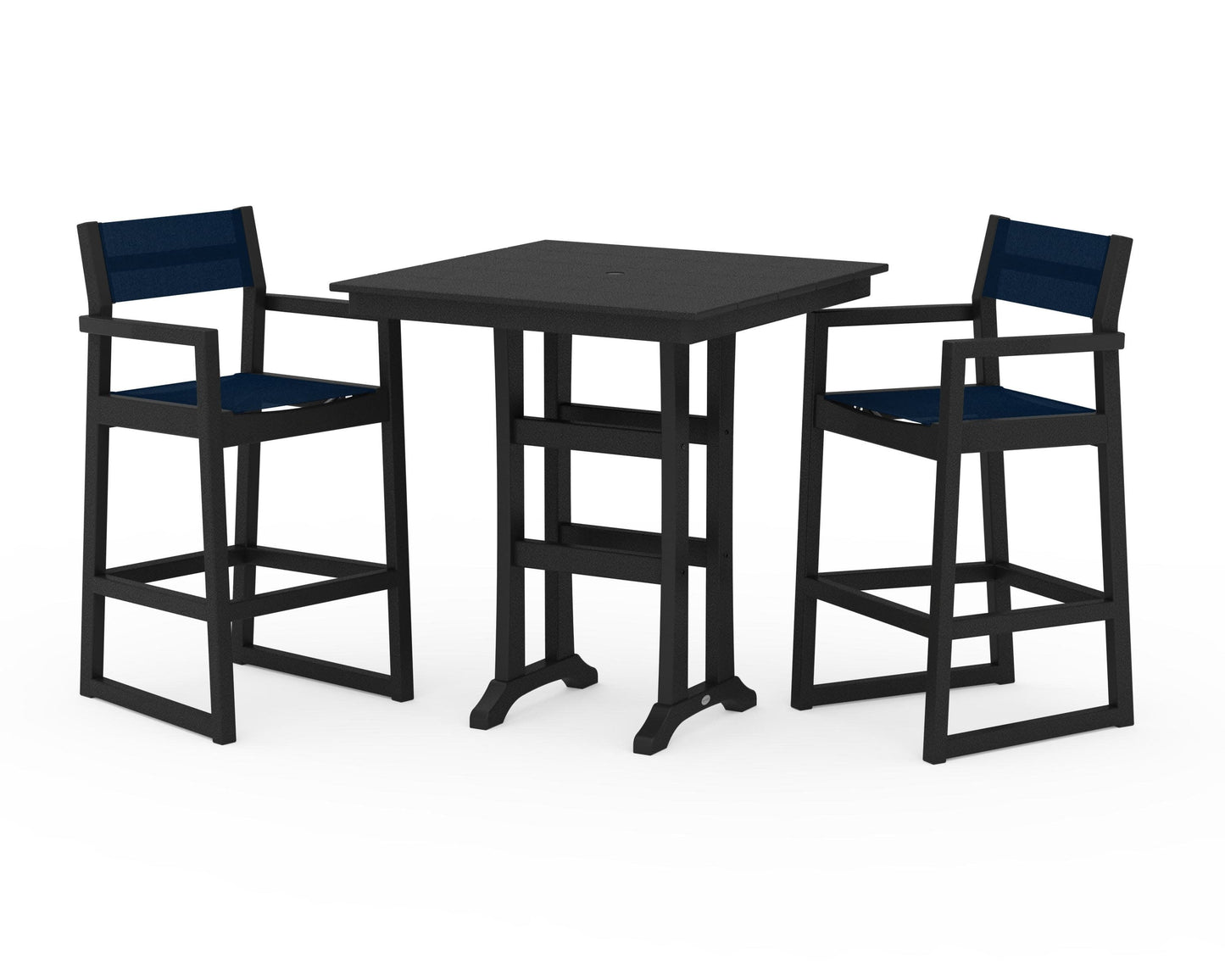 POLYWOOD EDGE Sling Arm Chair 3-Piece Farmhouse Bar Set with Trestle Legs — Black / Navy Blue Sling