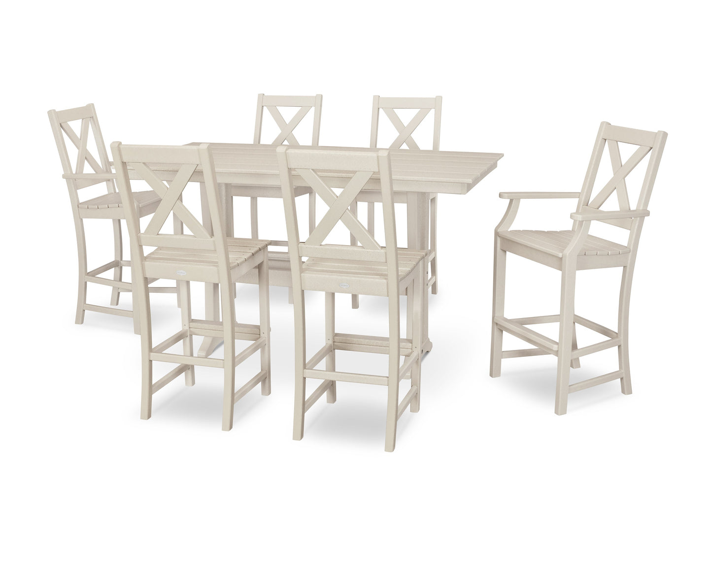 POLYWOOD Braxton 7-Piece Farmhouse Trestle Bar Set — Sand