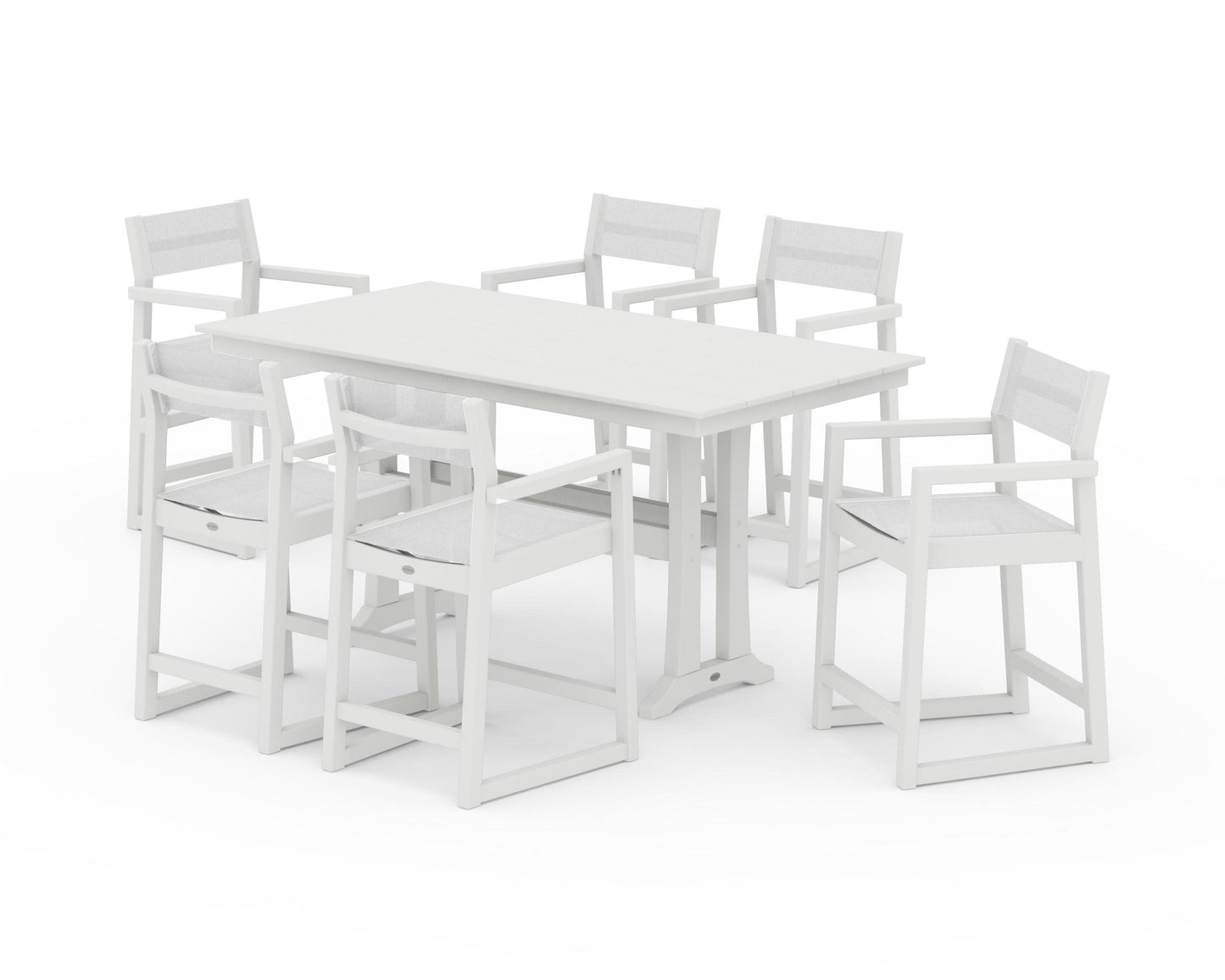 POLYWOOD EDGE Sling Arm Chair 7-Piece Farmhouse Counter Set with Trestle Legs — Vintage White / White Sling