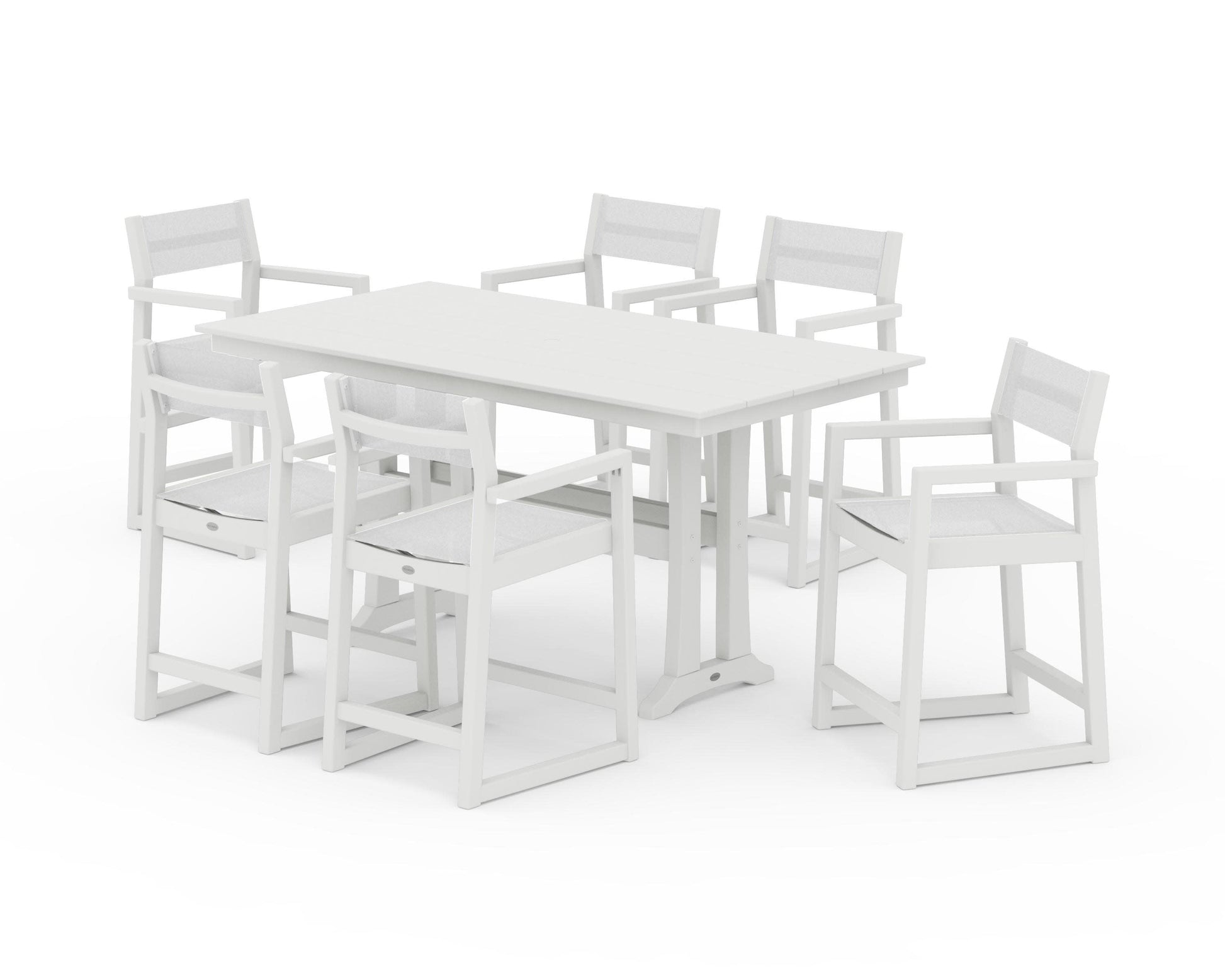 POLYWOOD EDGE Sling Arm Chair 7-Piece Farmhouse Counter Set with Trestle Legs — Vintage White / White Sling