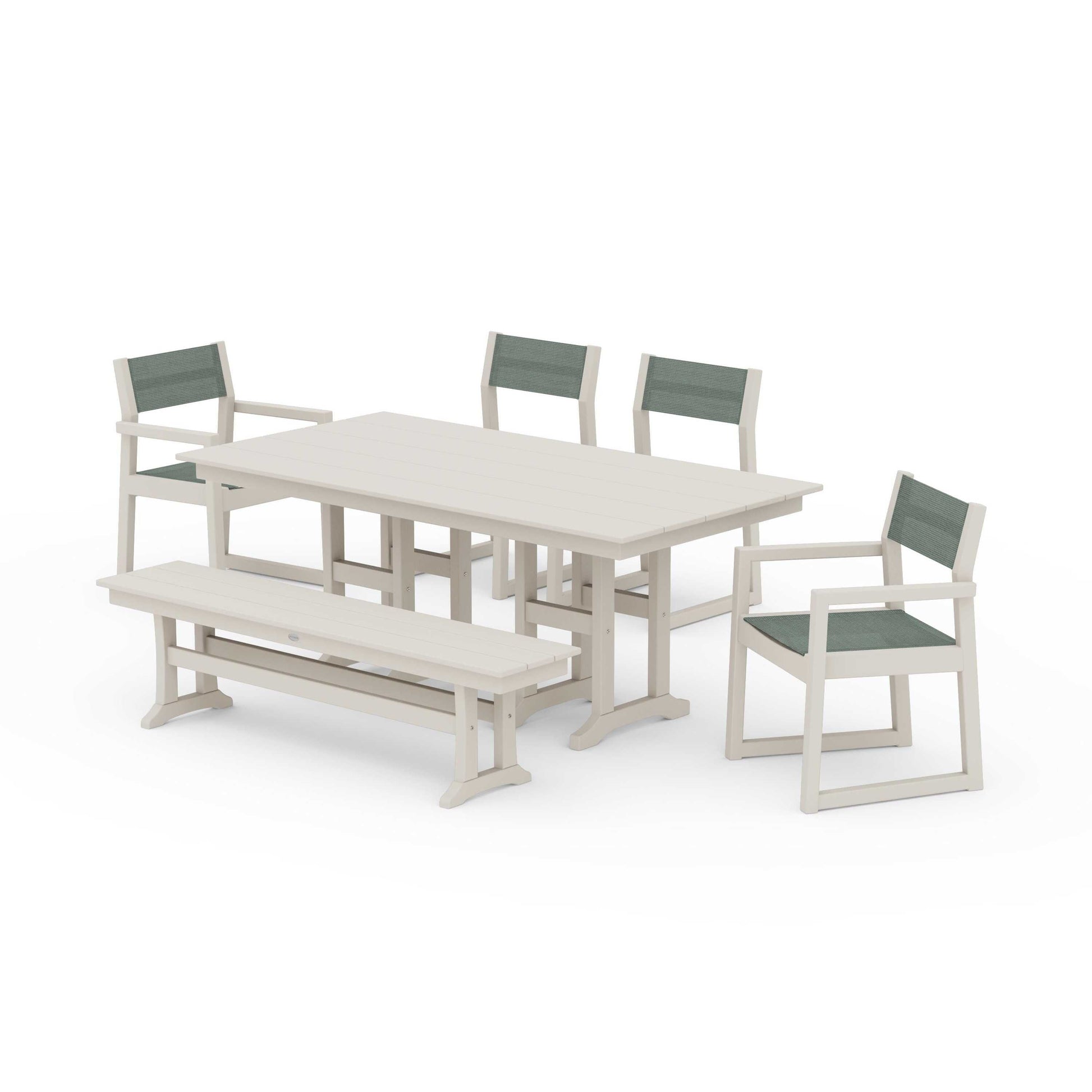 POLYWOOD EDGE Sling 6-Piece Farmhouse Dining Set — Sand / Dupioni Sea Mist Sling
