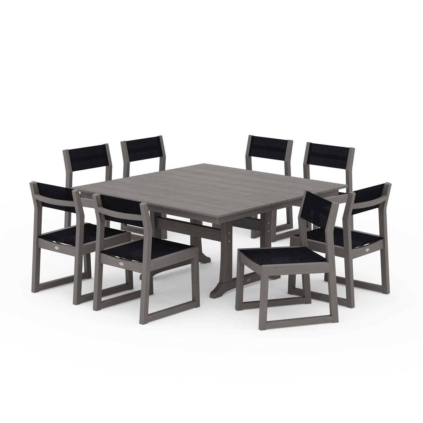 POLYWOOD EDGE Sling Side Chair 9-Piece Farmhouse Trestle Dining Set — Driftwood / Black Sling