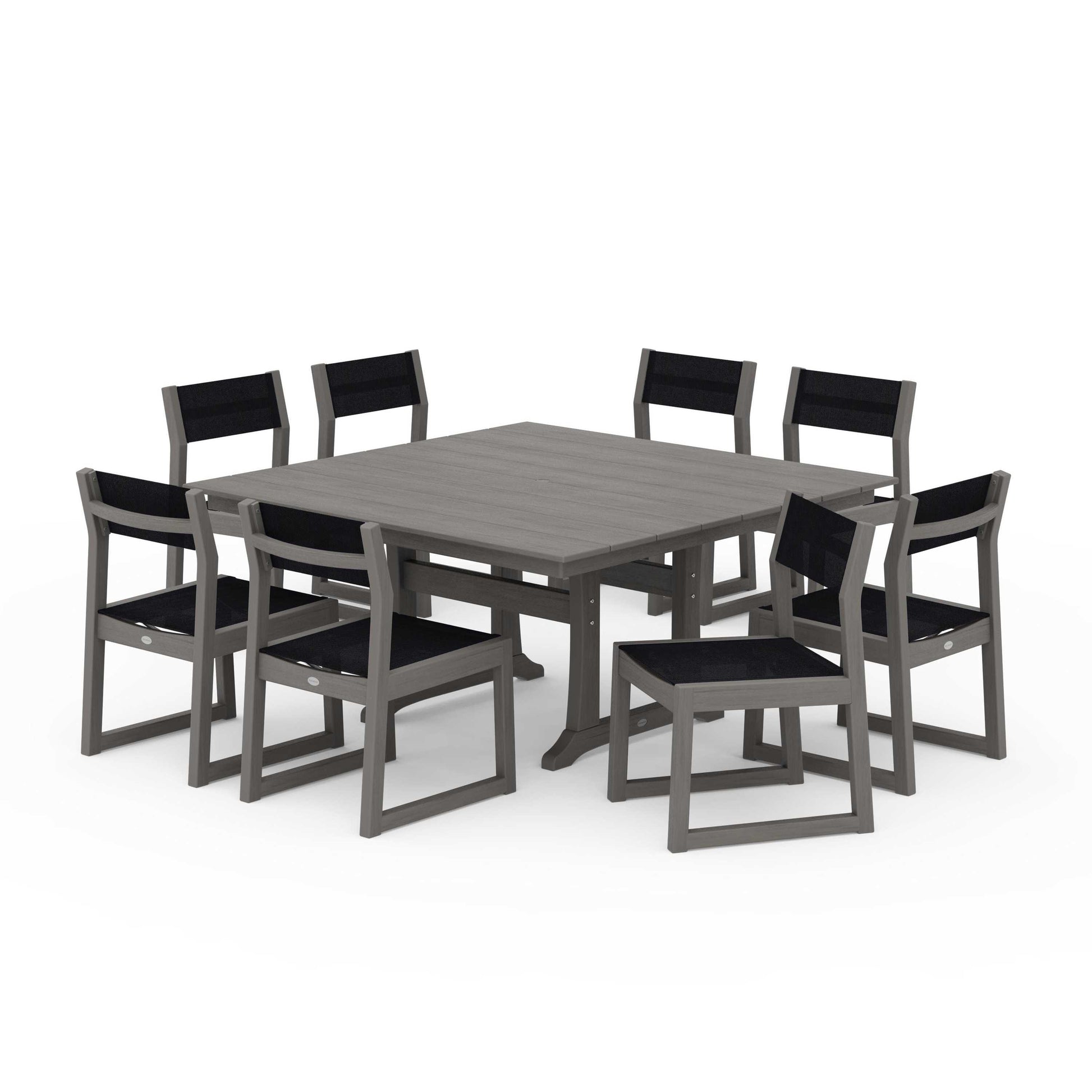 POLYWOOD EDGE Sling Side Chair 9-Piece Farmhouse Trestle Dining Set — Driftwood / Black Sling