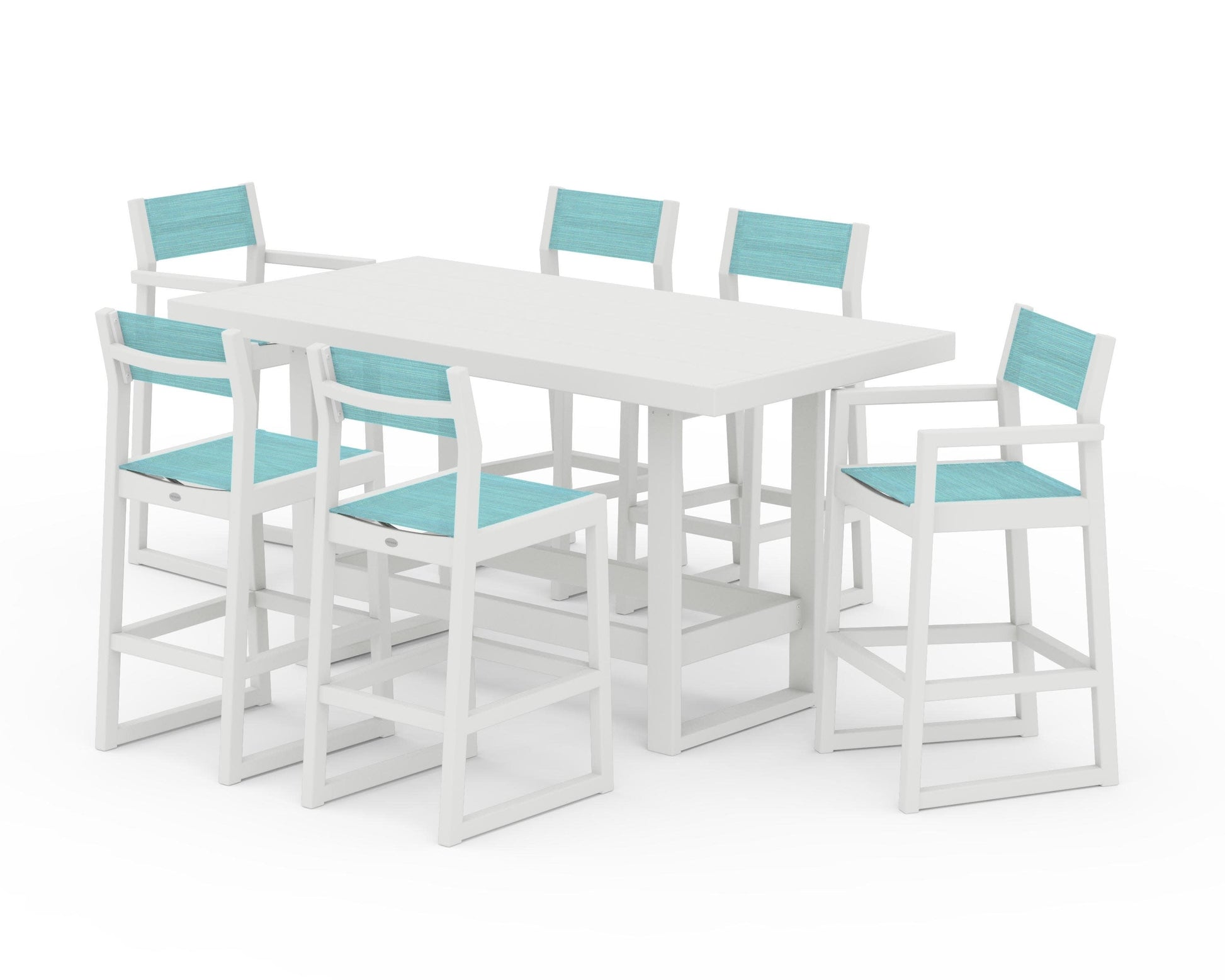POLYWOOD EDGE Sling 7-Piece Bar Table Set — Vintage White / Dupioni Aquamarine Sling