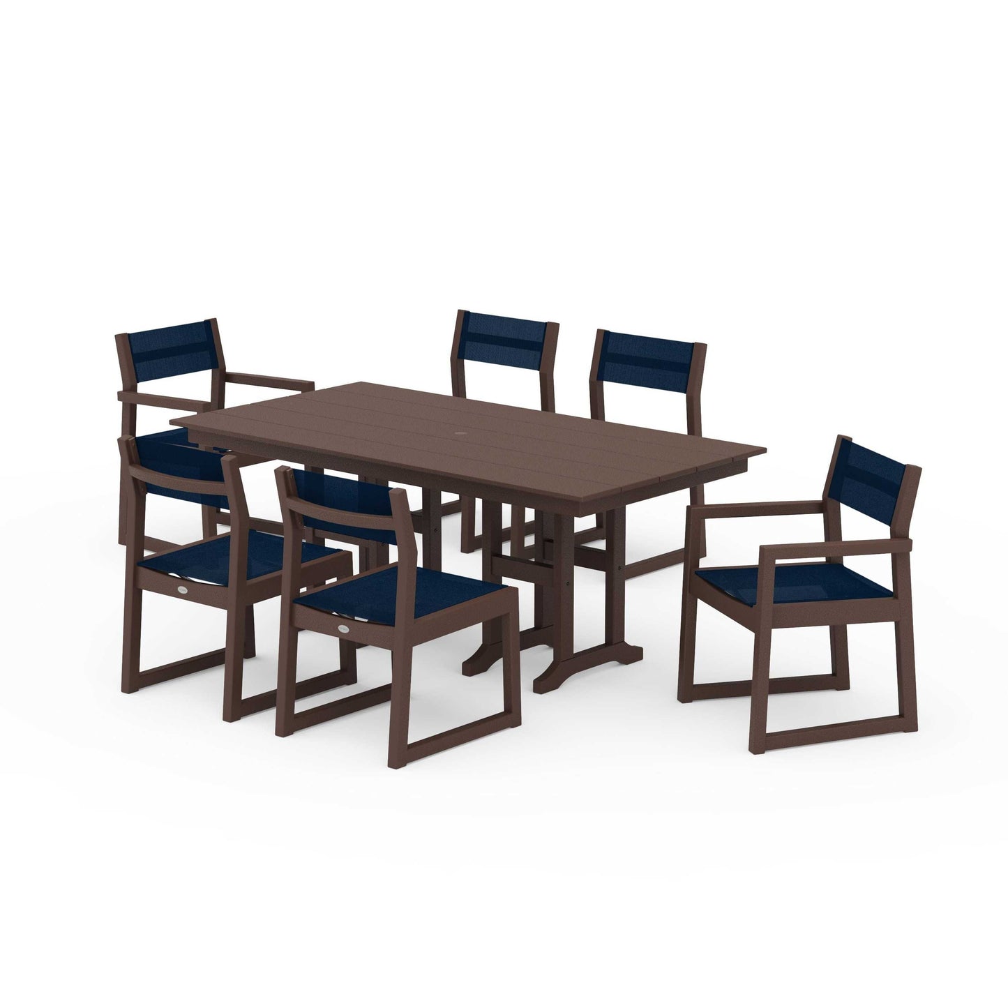POLYWOOD EDGE Sling 7-Piece Farmhouse Dining Set — Mahogany / Navy Blue Sling
