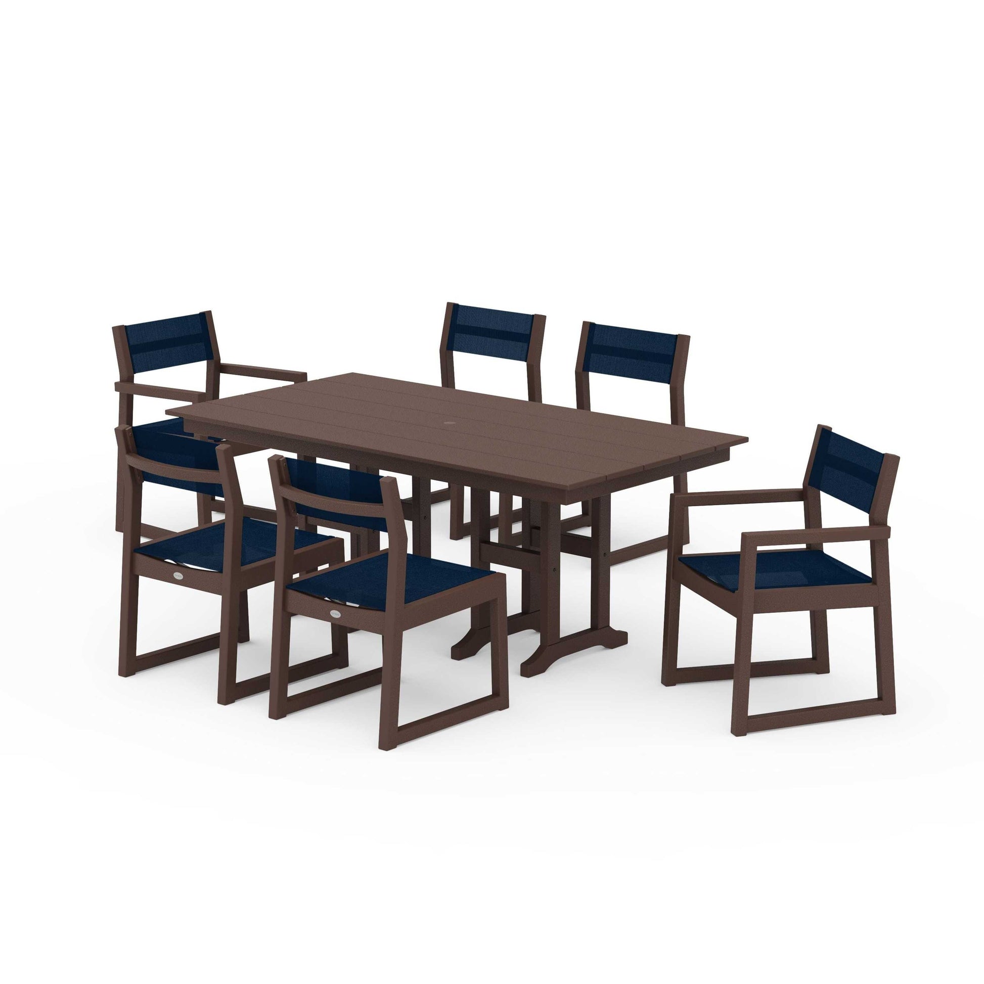POLYWOOD EDGE Sling 7-Piece Farmhouse Dining Set — Mahogany / Navy Blue Sling