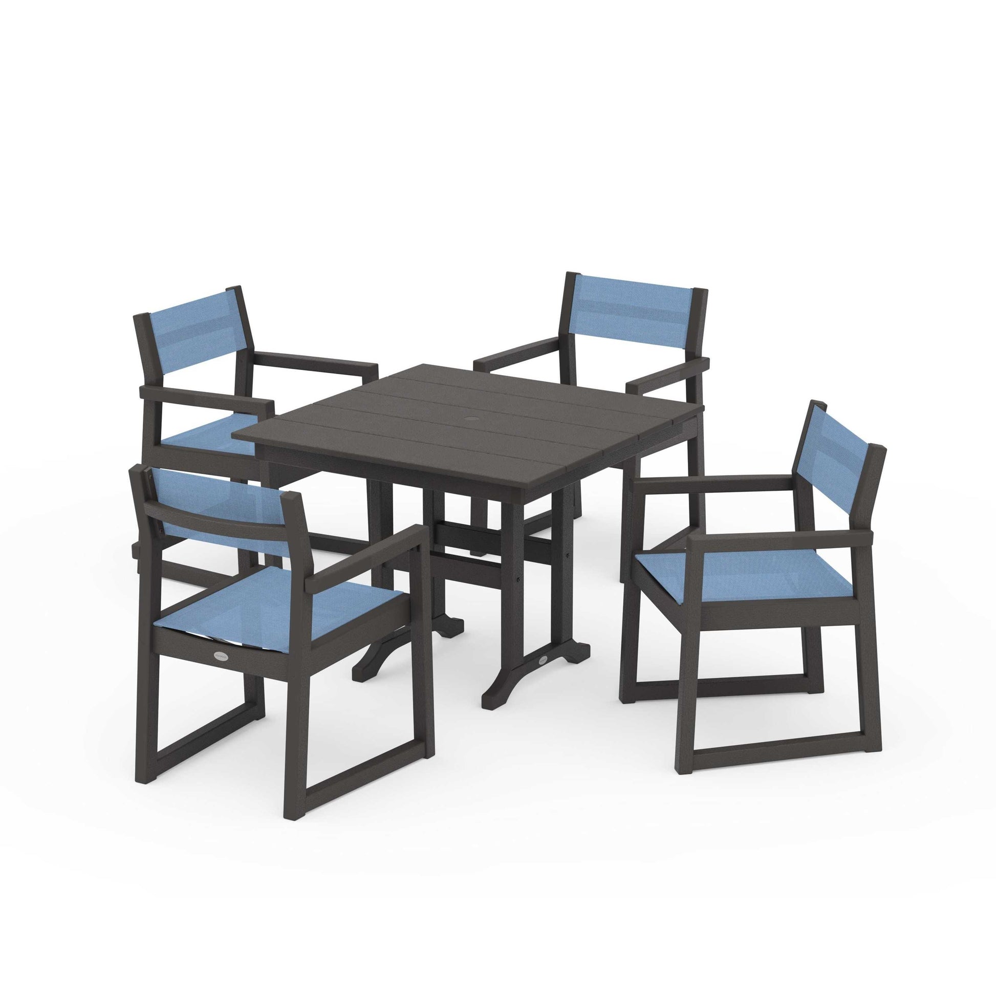 POLYWOOD EDGE Sling Arm Chair 5-Piece Farmhouse Dining Set — Vintage Coffee / Poolside Sling