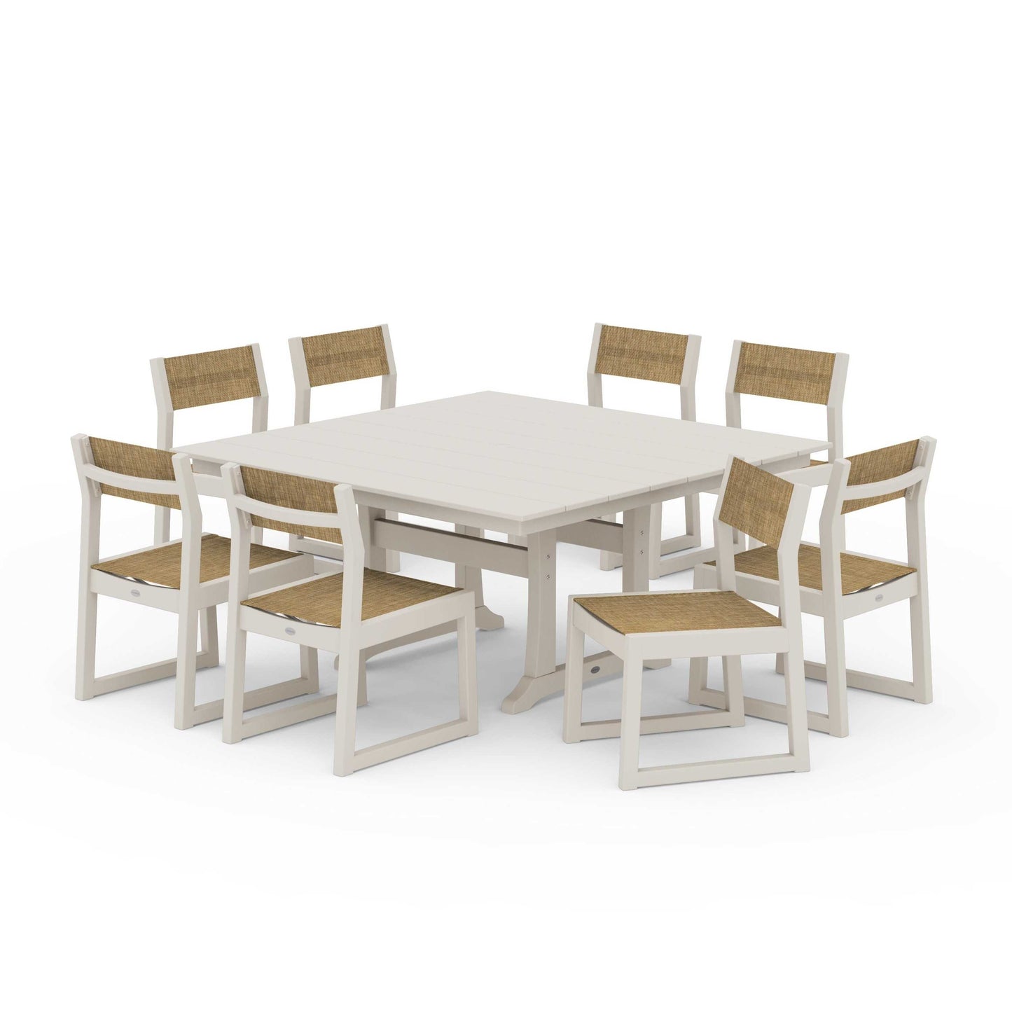 POLYWOOD EDGE Sling Side Chair 9-Piece Farmhouse Trestle Dining Set — Sand / Burlap Sling