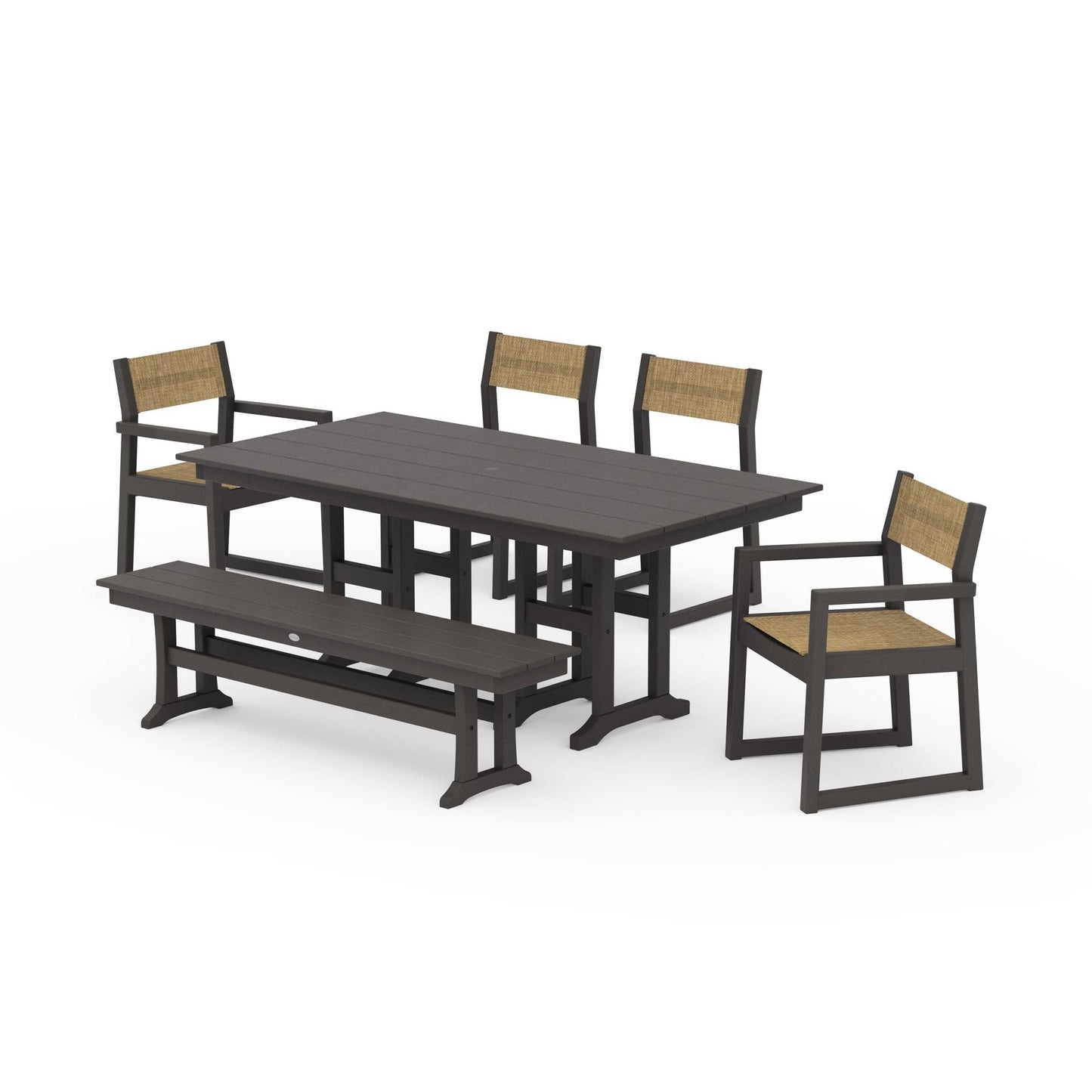 POLYWOOD EDGE Sling 6-Piece Farmhouse Dining Set — Vintage Coffee / Burlap Sling