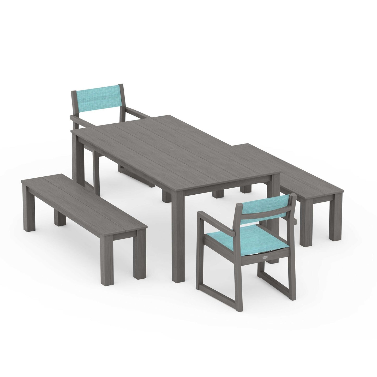 POLYWOOD EDGE Sling Arm Chair 5-Piece Parsons Dining Set with Benches — Driftwood / Dupioni Aquamarine Sling