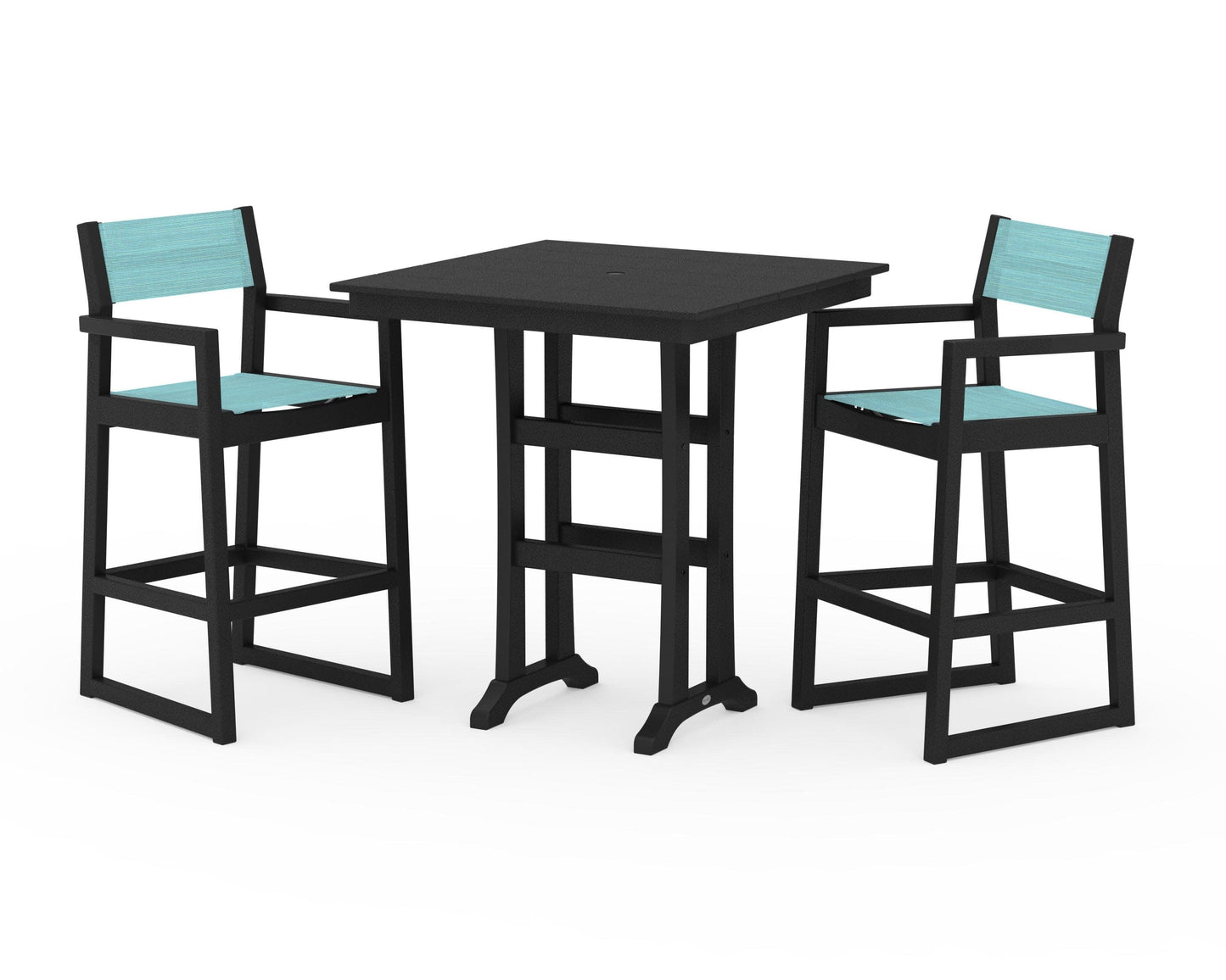 POLYWOOD EDGE Sling Arm Chair 3-Piece Farmhouse Bar Set with Trestle Legs — Black / Dupioni Aquamarine Sling