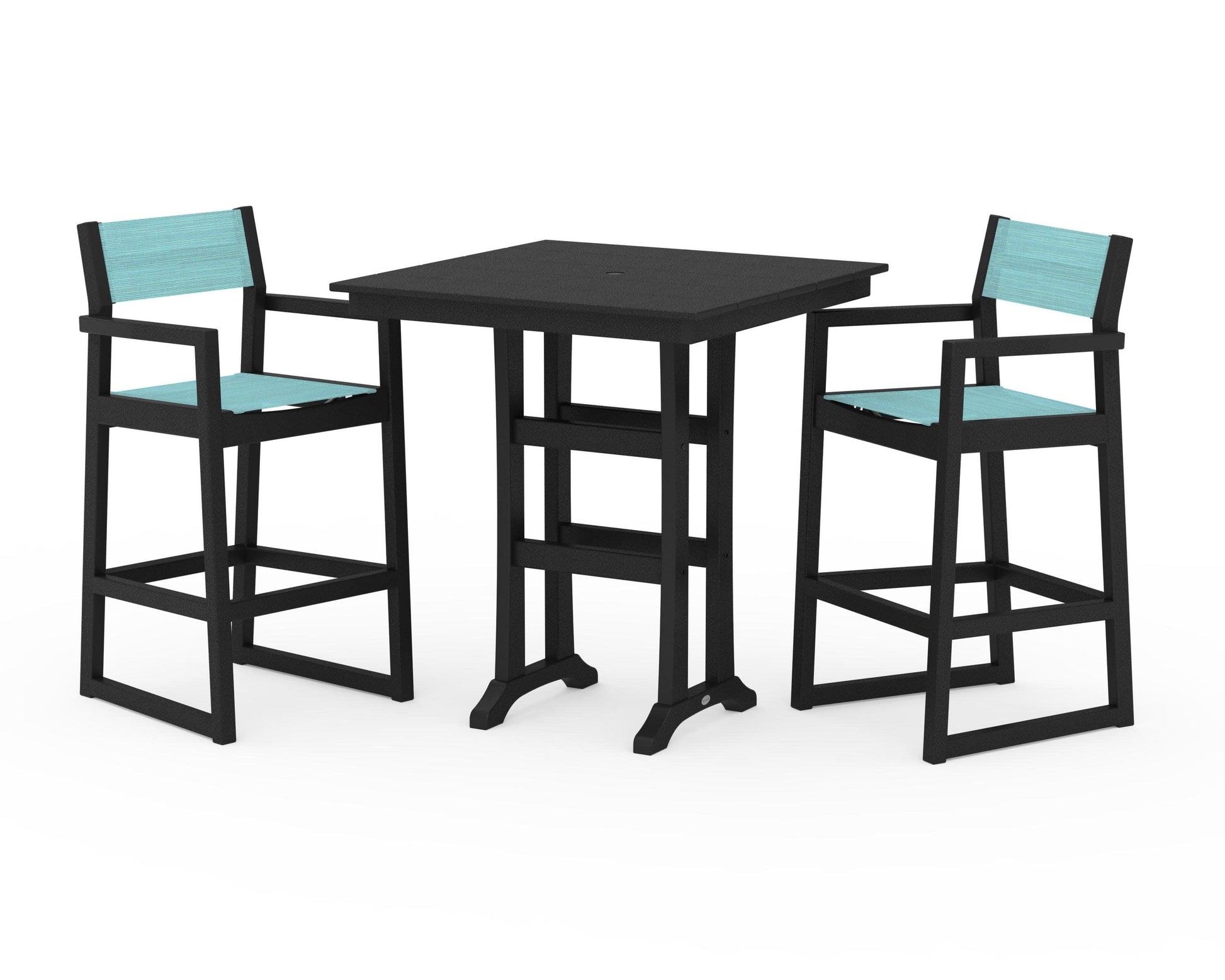 POLYWOOD EDGE Sling Arm Chair 3-Piece Farmhouse Bar Set with Trestle Legs — Black / Dupioni Aquamarine Sling