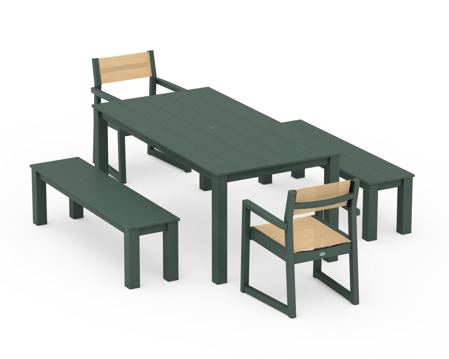 POLYWOOD EDGE Sling Arm Chair 5-Piece Parsons Dining Set with Benches — Green / Dupioni Apricot Sling
