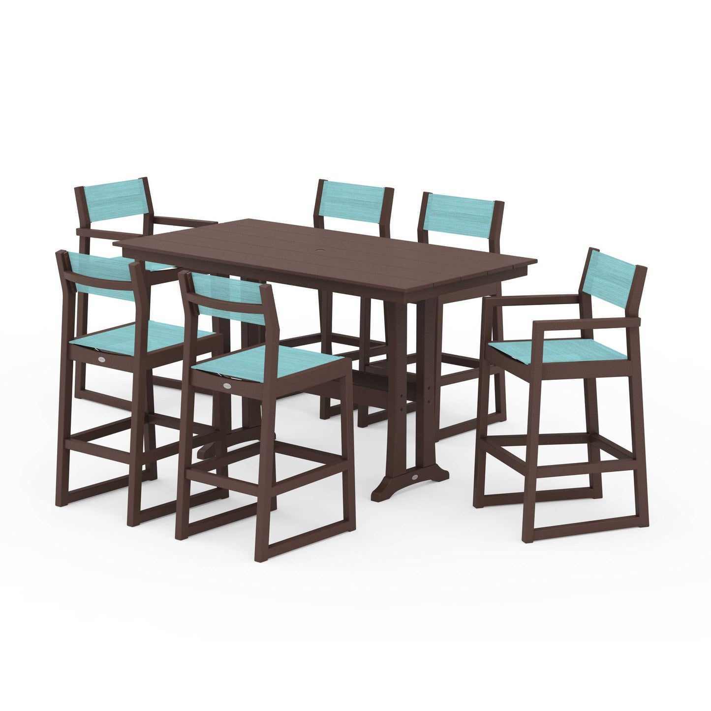 POLYWOOD EDGE Sling 7-Piece Farmhouse Bar Set with Trestle Legs — Mahogany / Dupioni Aquamarine Sling
