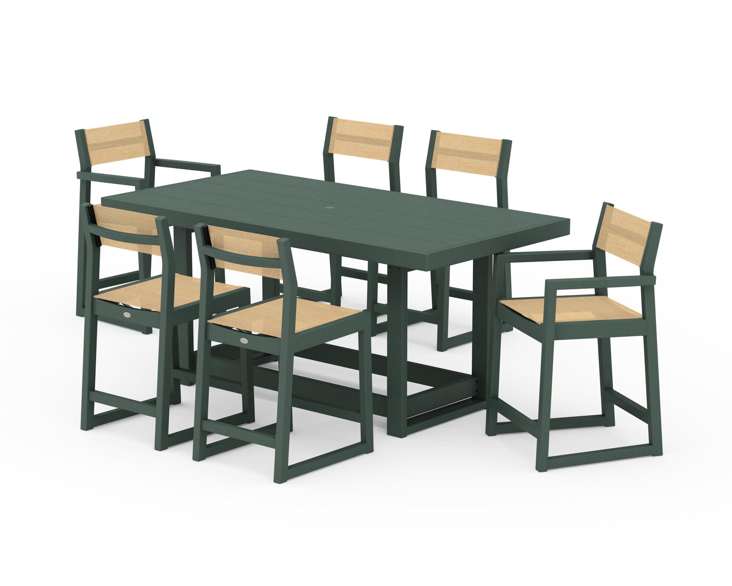 POLYWOOD EDGE Sling 7-Piece Counter Table Set — Green / Dupioni Apricot Sling