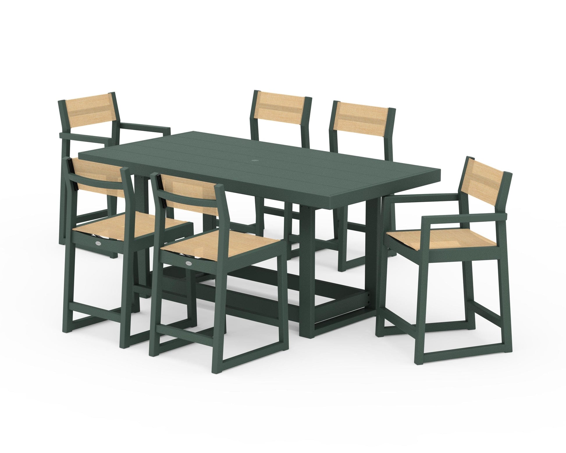 POLYWOOD EDGE Sling 7-Piece Counter Table Set — Green / Dupioni Apricot Sling