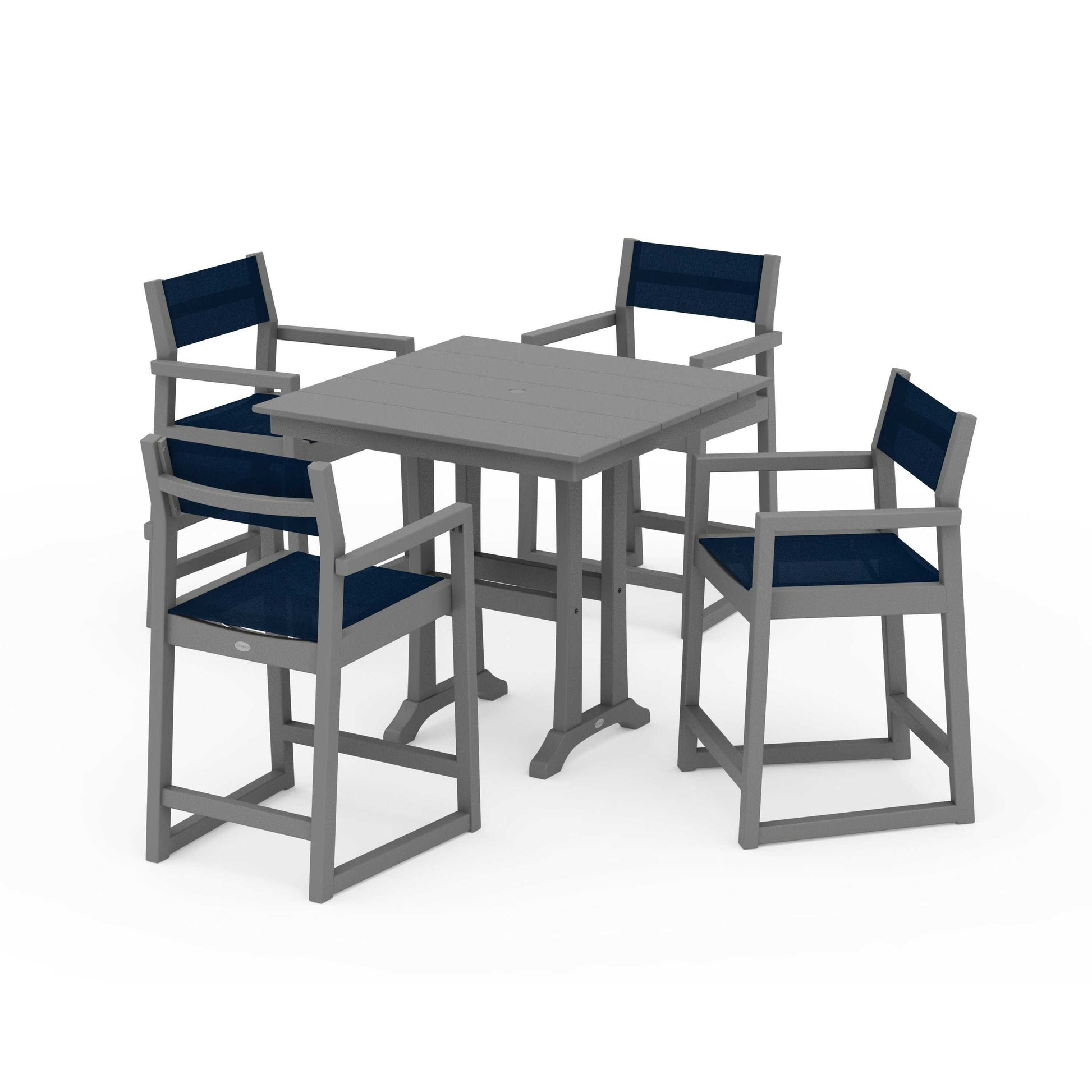 POLYWOOD EDGE Sling Arm Chair 5-Piece Farmhouse Counter Set with Trestle Legs — Slate Grey / Navy Blue Sling