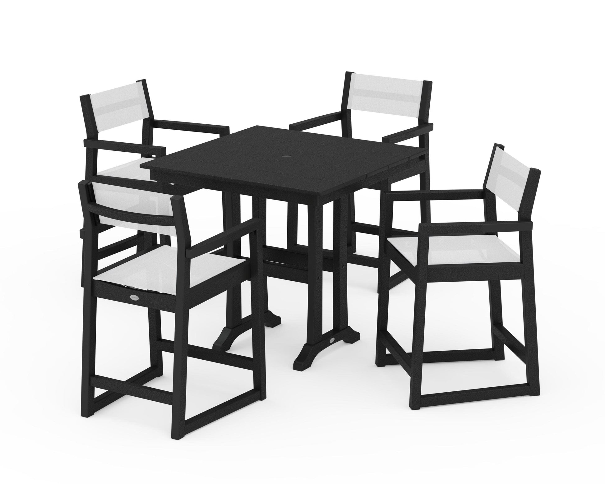 POLYWOOD EDGE Sling Arm Chair 5-Piece Farmhouse Counter Set with Trestle Legs — Black / White Sling