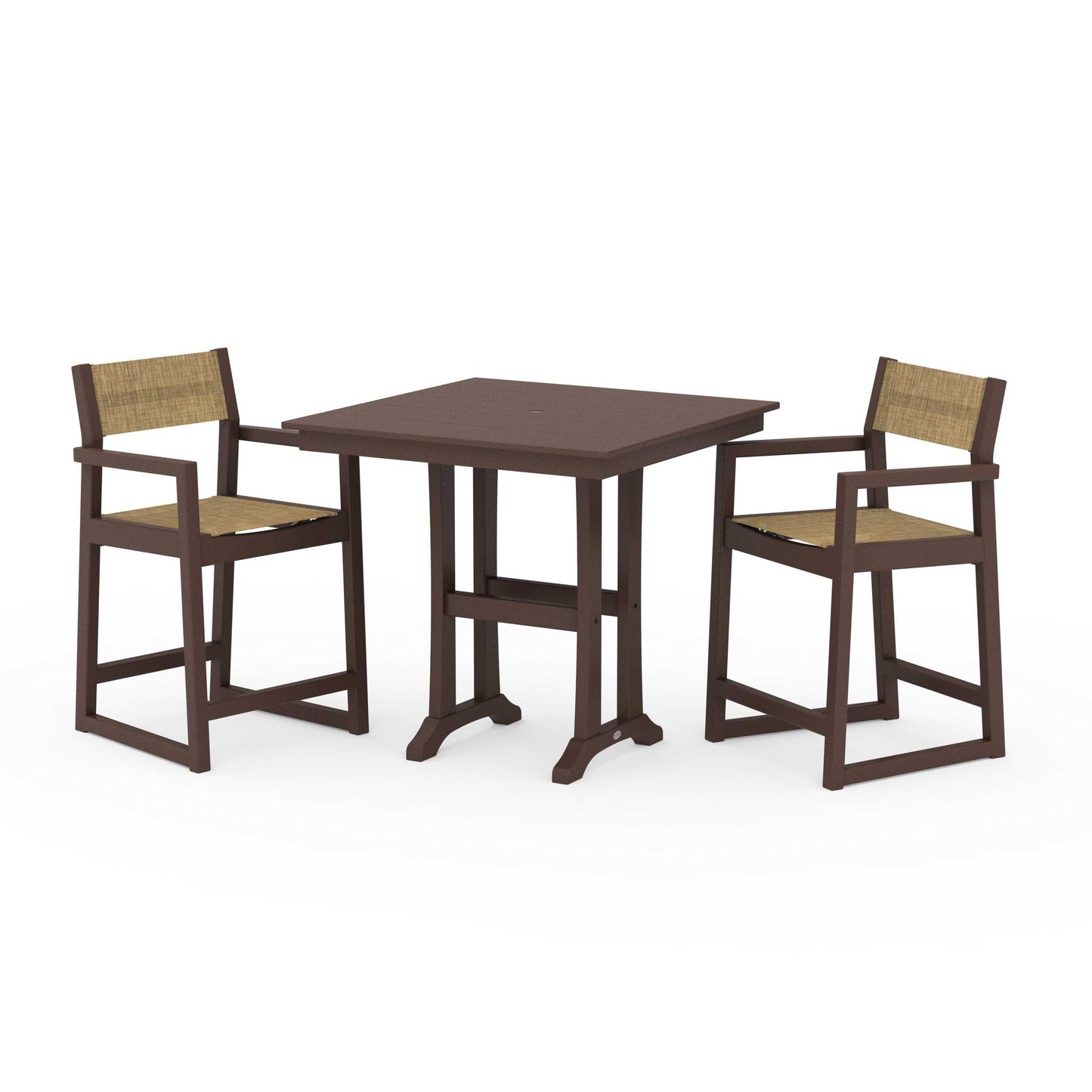 POLYWOOD EDGE Sling Arm Chair 3-Piece Farmhouse Counter Set with Trestle Legs — Mahogany / Burlap Sling