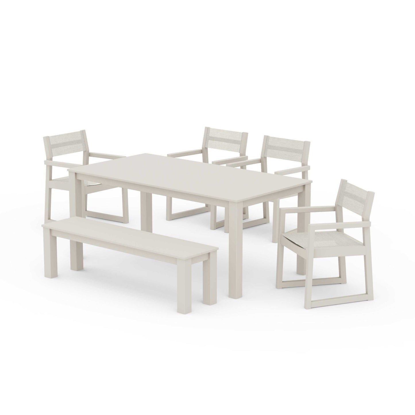 POLYWOOD EDGE Sling Arm Chair 6-Piece Parsons Dining Set with Bench — Sand / Parchment Sling