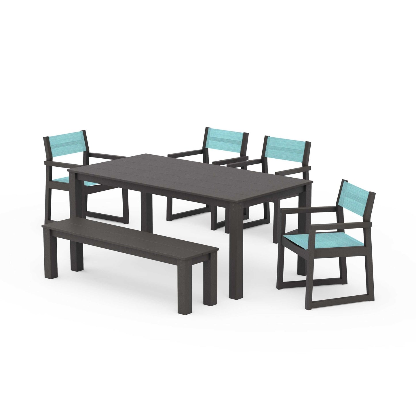 POLYWOOD EDGE Sling Arm Chair 6-Piece Parsons Dining Set with Bench — Vintage Coffee / Dupioni Aquamarine Sling