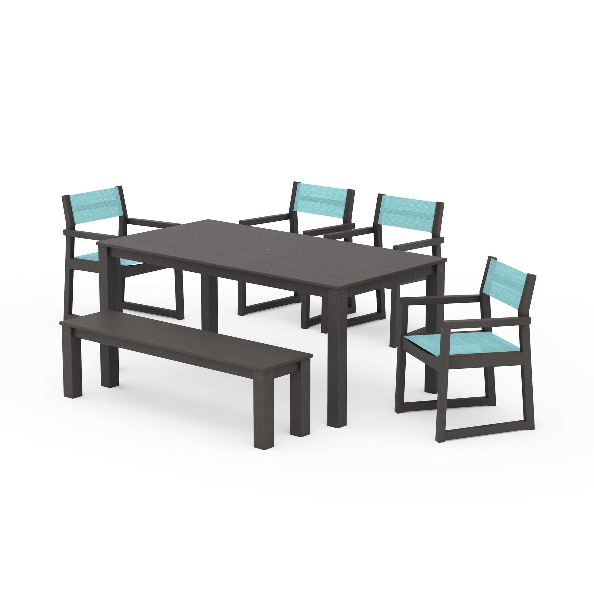 POLYWOOD EDGE Sling Arm Chair 6-Piece Parsons Dining Set with Bench — Vintage Coffee / Dupioni Aquamarine Sling