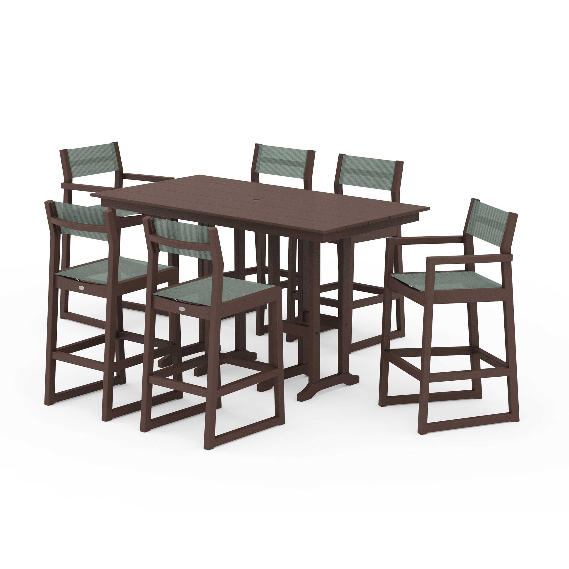 POLYWOOD EDGE Sling 7-Piece Farmhouse Bar Set — Mahogany / Dupioni Sea Mist Sling
